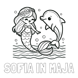 Pobarvanka imena SOFIA IN MAJA in pobarvanka ljubke morske deklice, ki pleše z delfinom