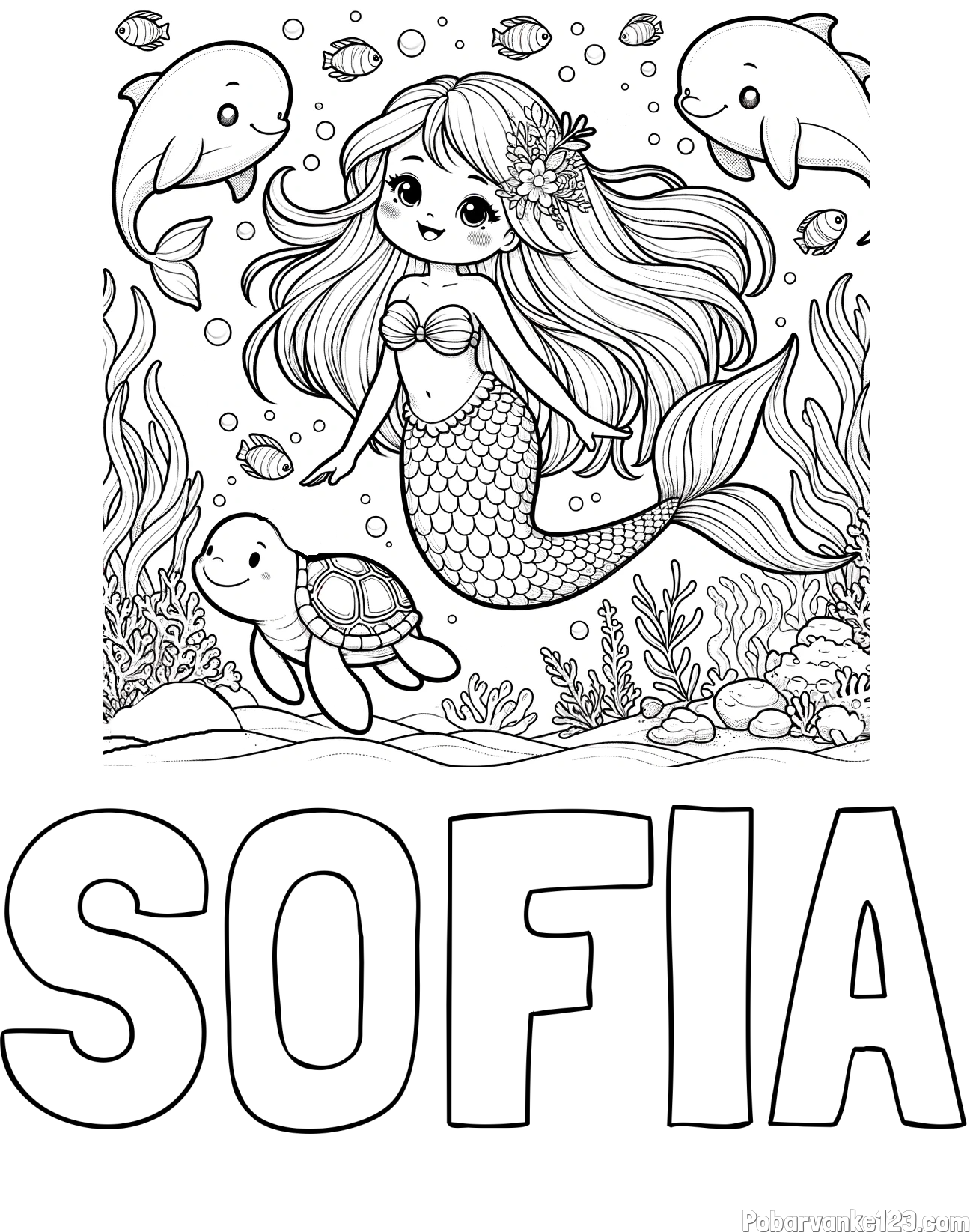 Pobarvanka imena SOFIA in pobarvana ljubke morske deklice s prijatelji