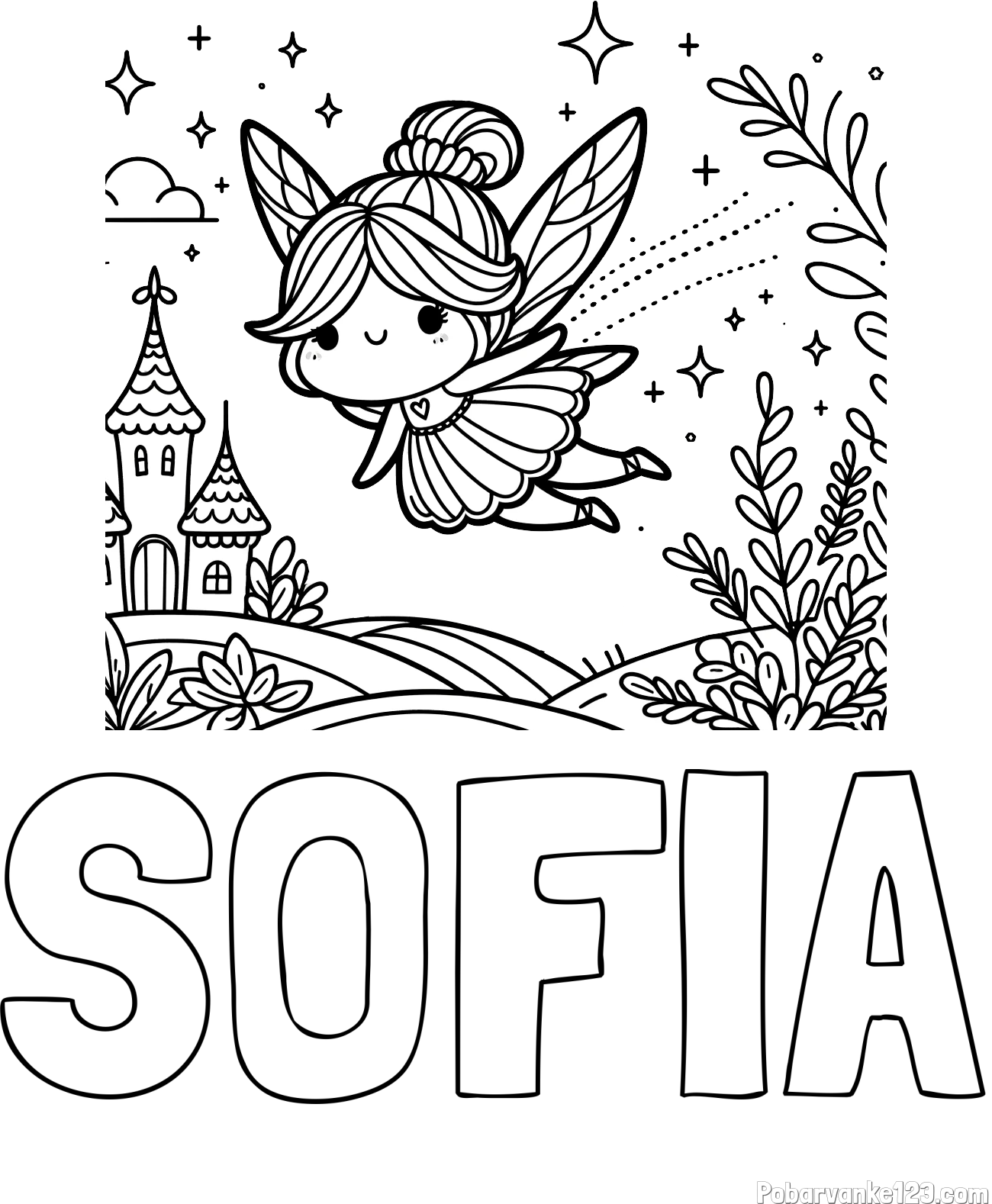 Pobarvanka imena SOFIA in pobarvanka čarobne vile, ki leti nad pravljično pokrajino