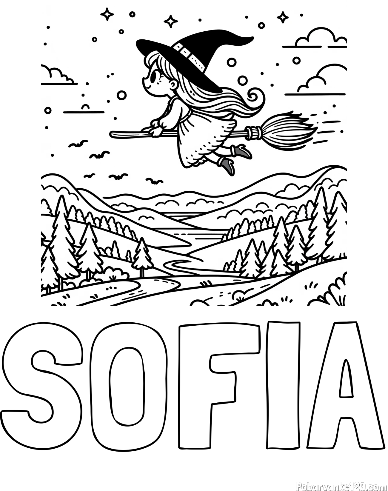 Pobarvanka imena SOFIA in pobarvanka čarovnice, ki leti na metli