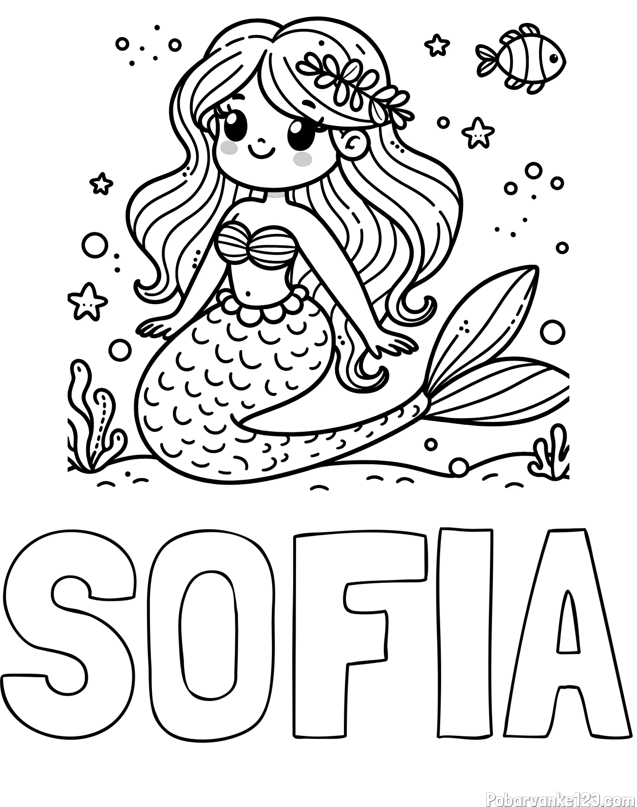 Pobarvanka imena SOFIA in pobarvanka ljubke morske deklice v morju