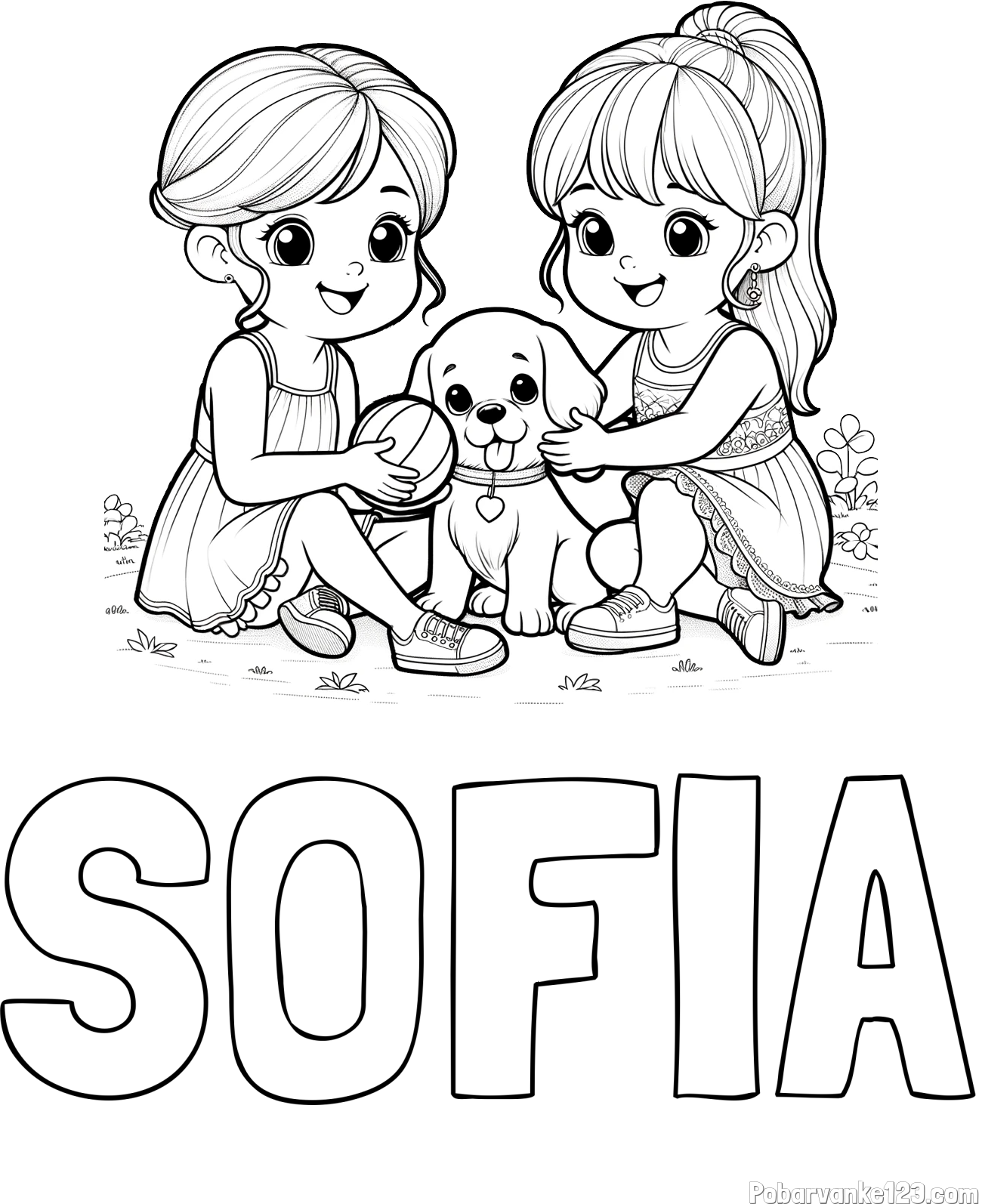 Pobarvanka imena SOFIA in pobarvanka prijateljic s kužkom