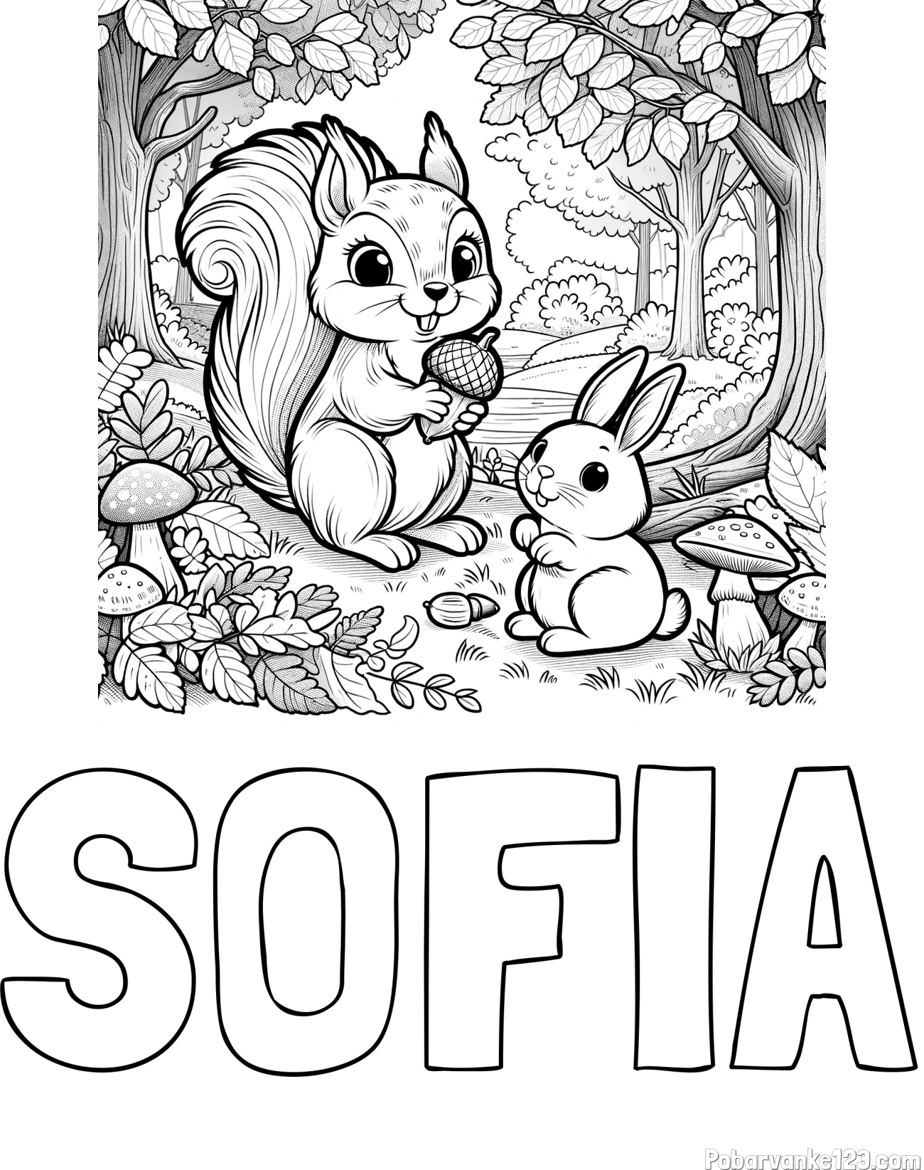Pobarvanka imena SOFIA in pobarvanka veveričke in zajčka v gozdu