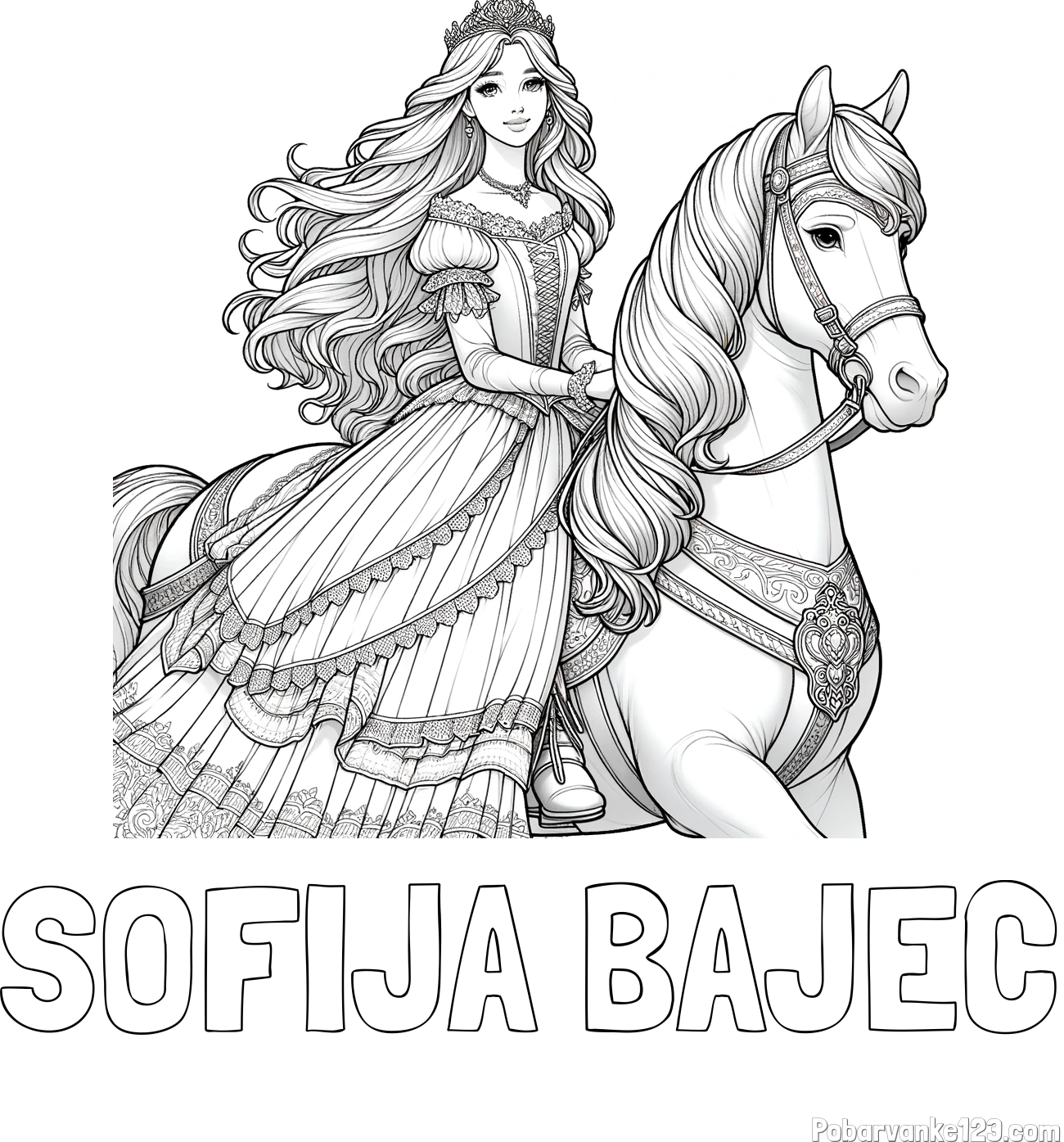 Pobarvanka imena SOFIJA BAJEC in pobarvanka nasmejana princese na konju