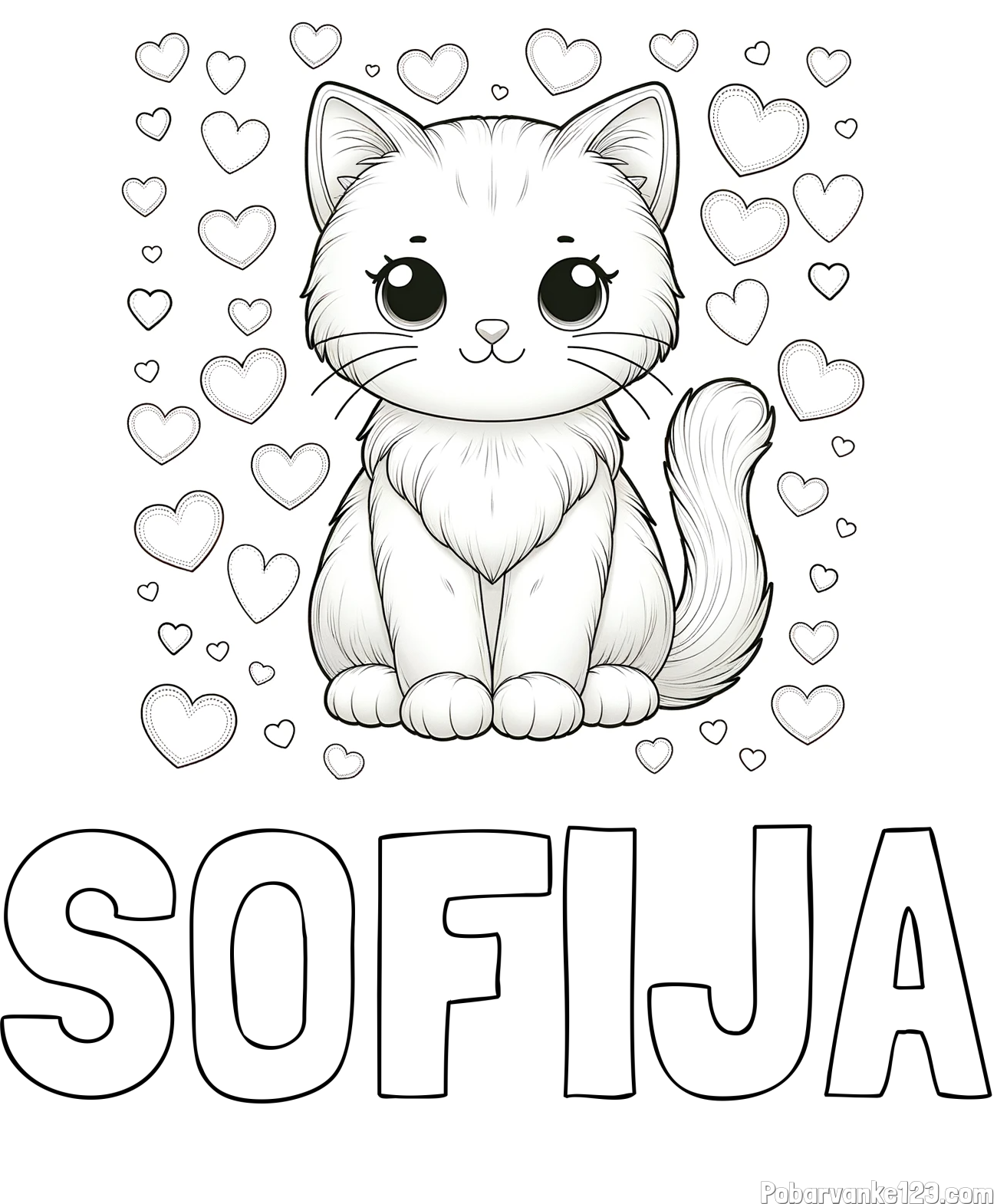 Pobarvanka imena SOFIJA in pobarvanka ljubke mucke obdane s srčki