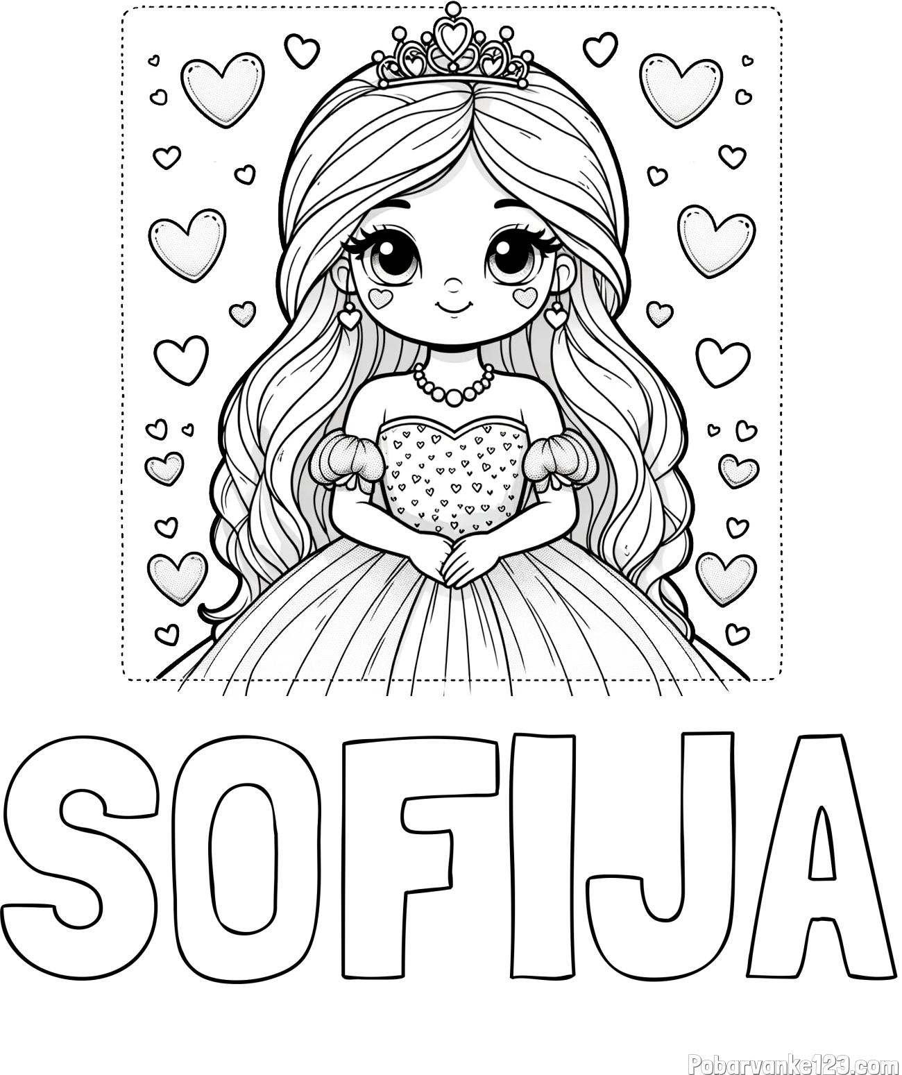Pobarvanka imena SOFIJA in pobarvanka ljubke princese obdane s srčki