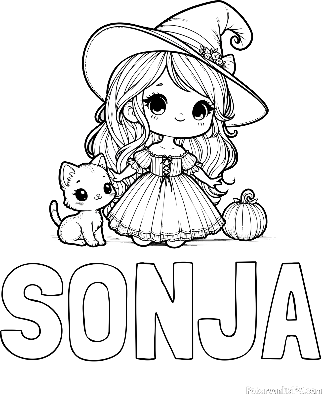 Pobarvanka imena SONJA in pobarvanka ljubke čarovnice, muce in buče