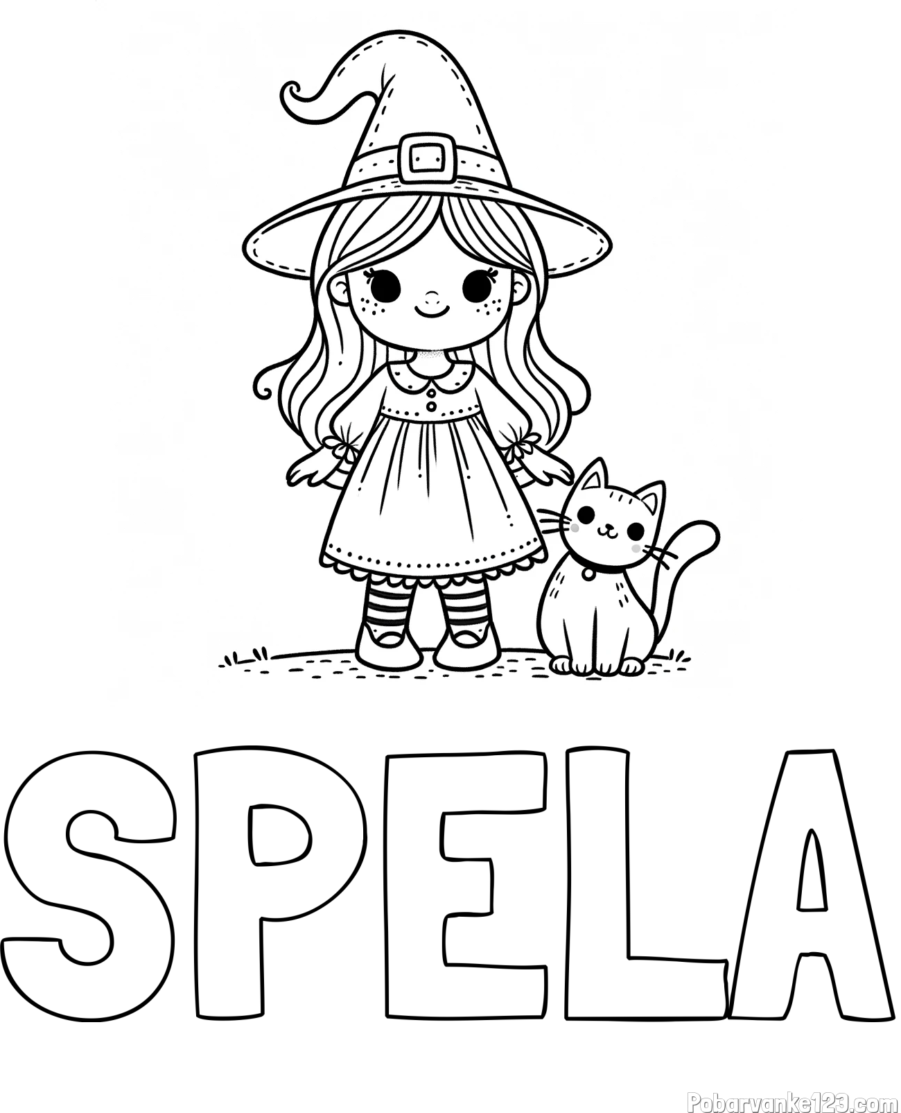Pobarvanka imena ŠPELA in Čudovita pobarvanka ljubke čarovnice in nasmejane mačke