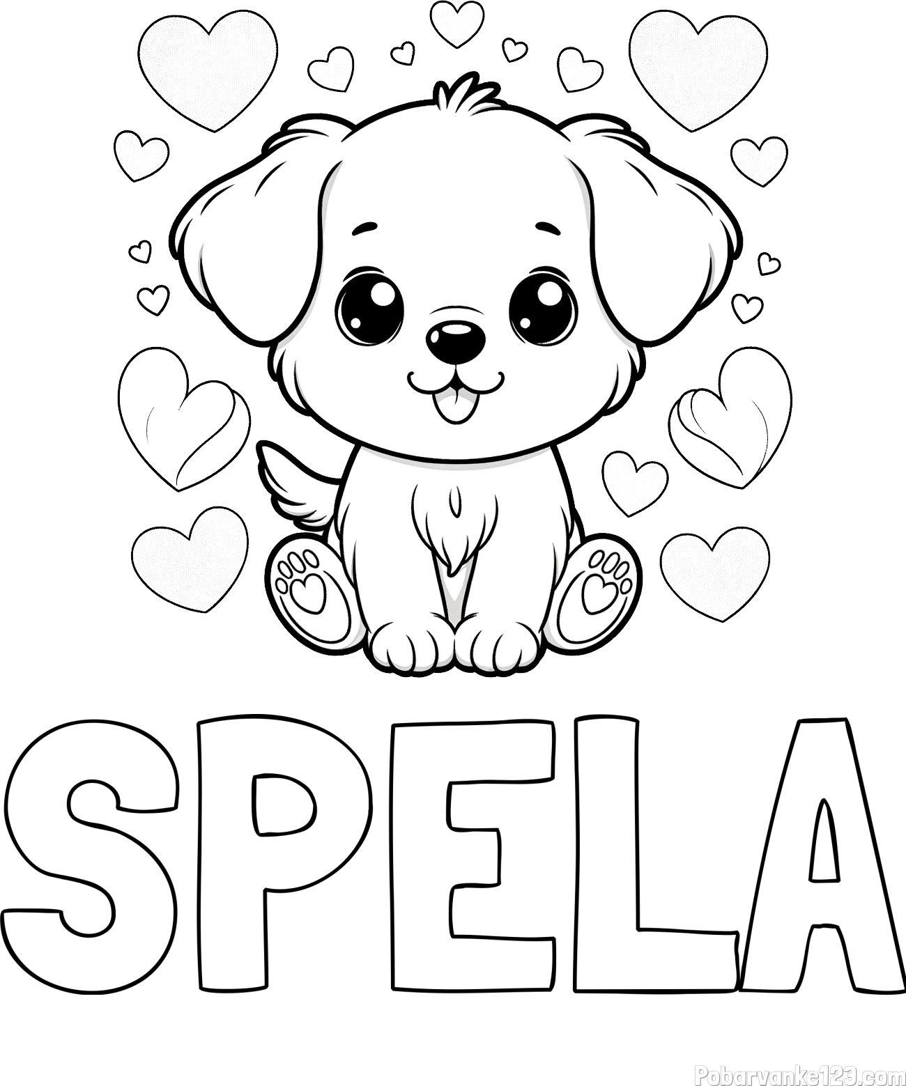 Pobarvanka imena ŠPELA in pobarvanka ljubkega kužka obdanega s srčki