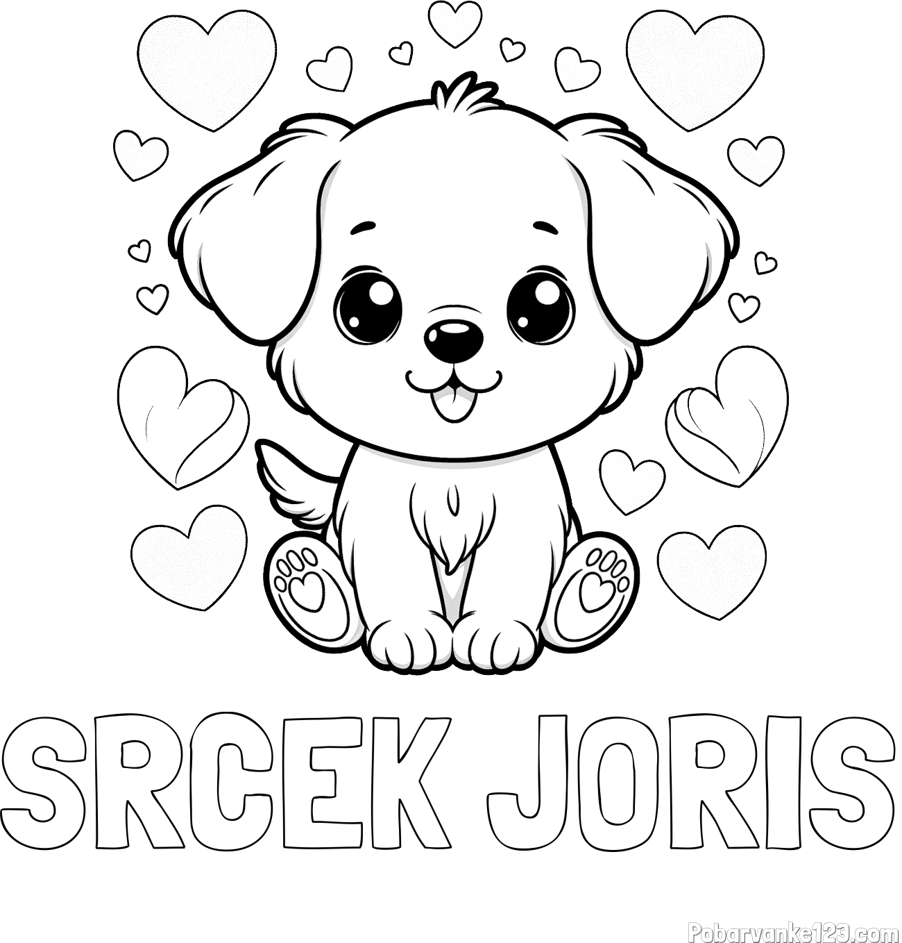 Pobarvanka imena SRČEK JORIS in pobarvanka ljubkega kužka obdanega s srčki