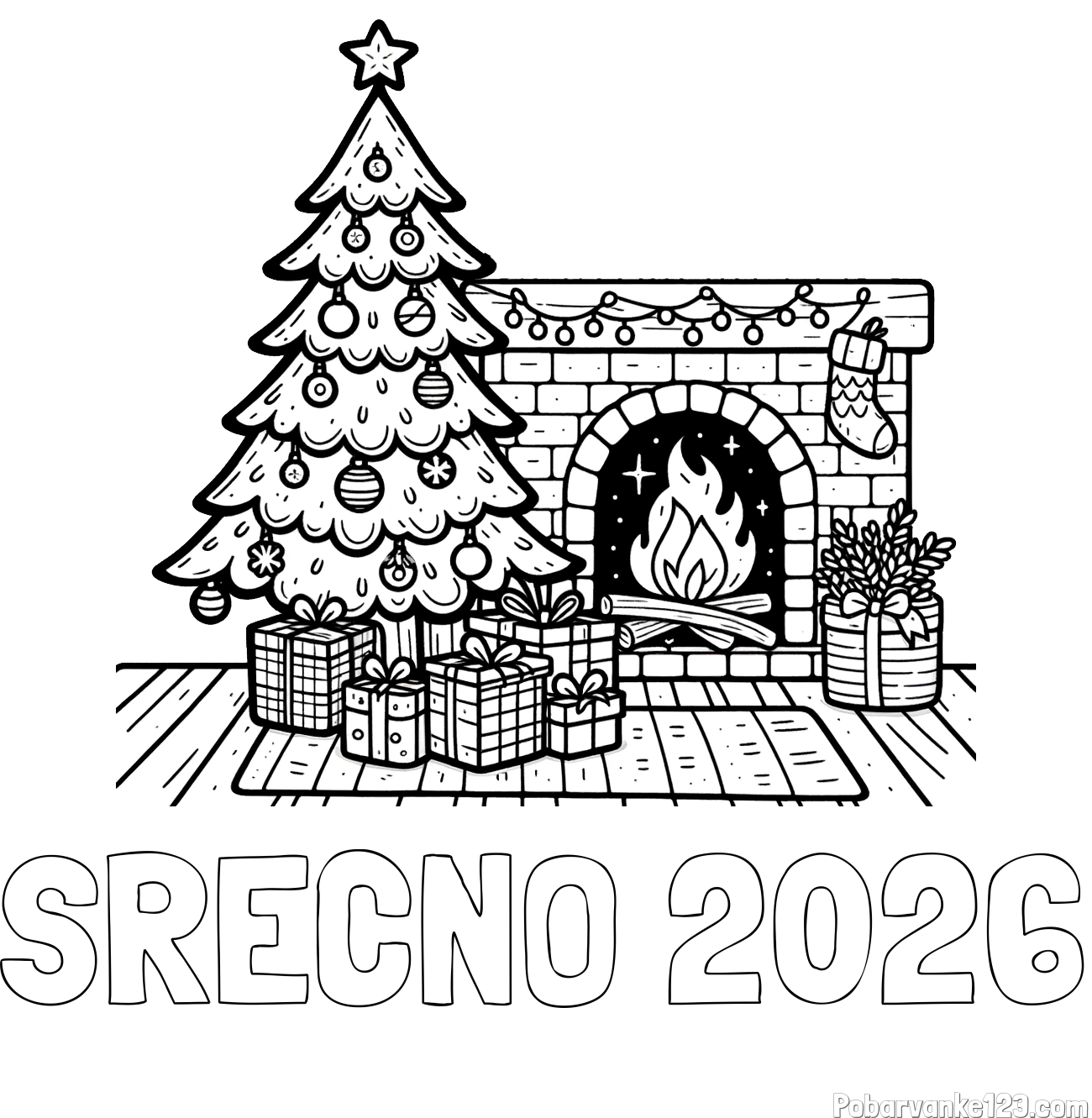 Pobarvanka imena SREČNO 2026 in pobarvanka božične noči z božično smrečico, darili ter kaminom
