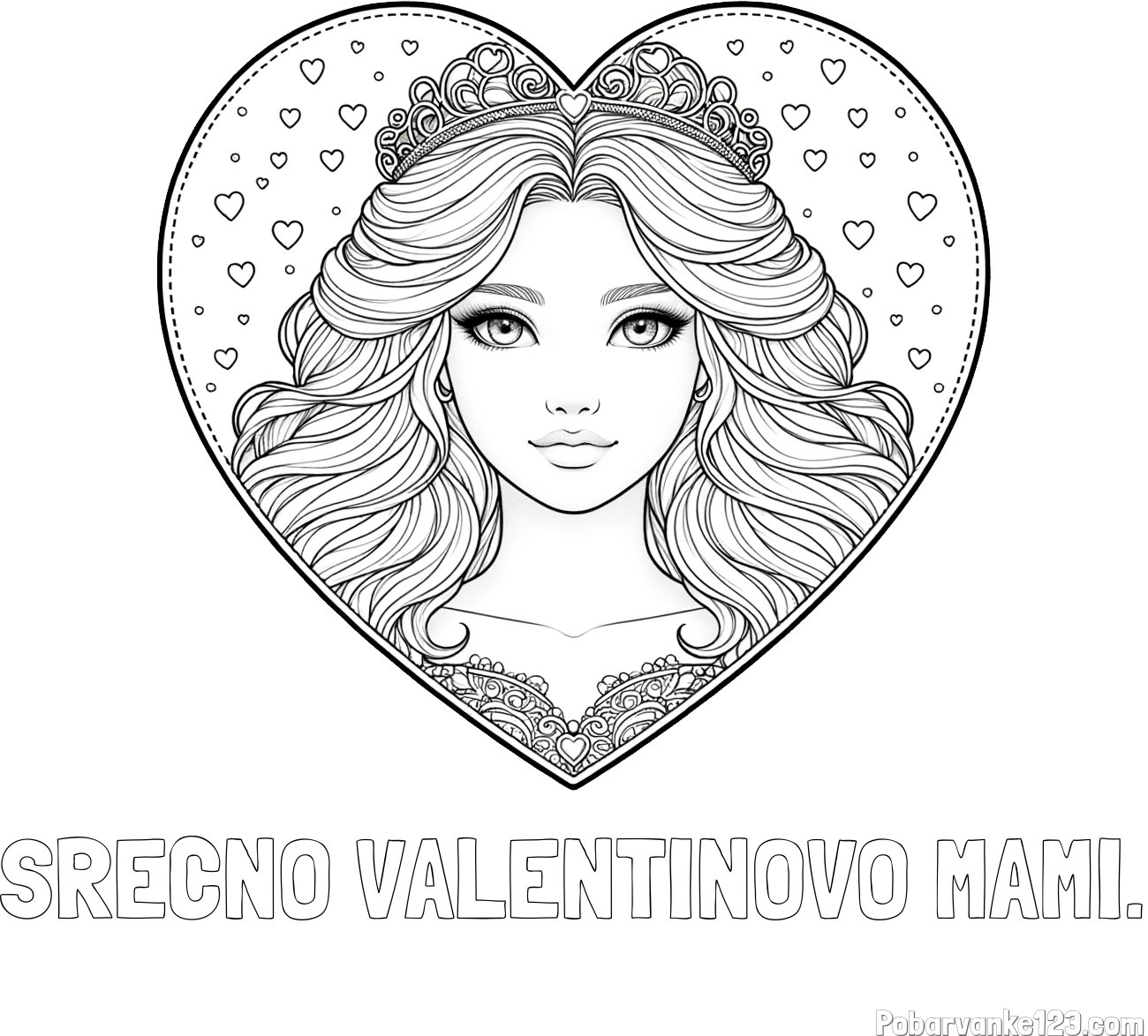 Pobarvanka imena SRECNO VALENTINOVO MAMI. in pobarvanka ljubke princese v srčku