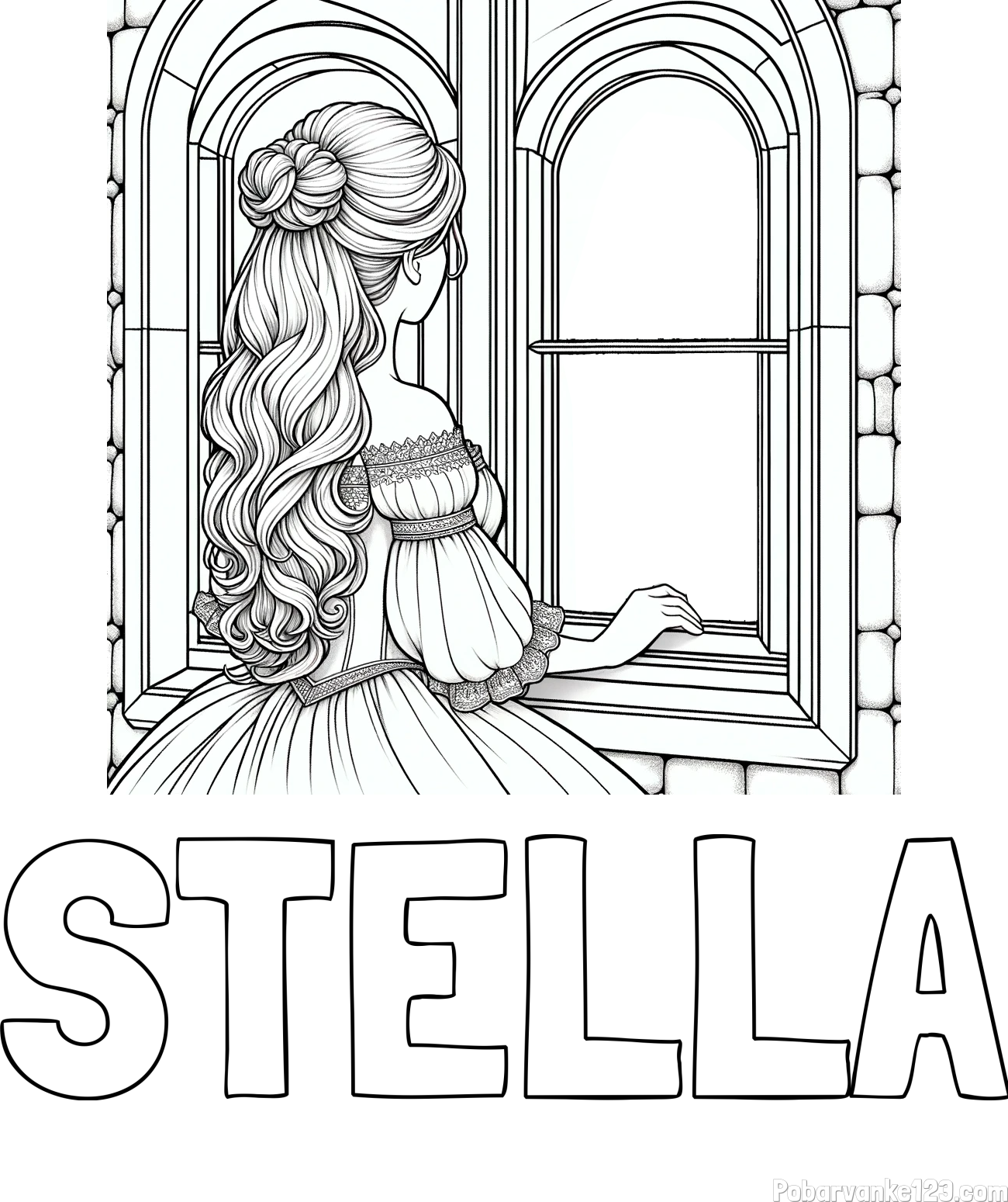 Pobarvanka imena STELLA in pobarvanka princese, ki gleda skozi okno
