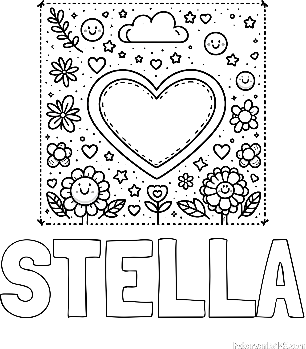 Pobarvanka imena STELLA in pobarvanka srčka ter rožic