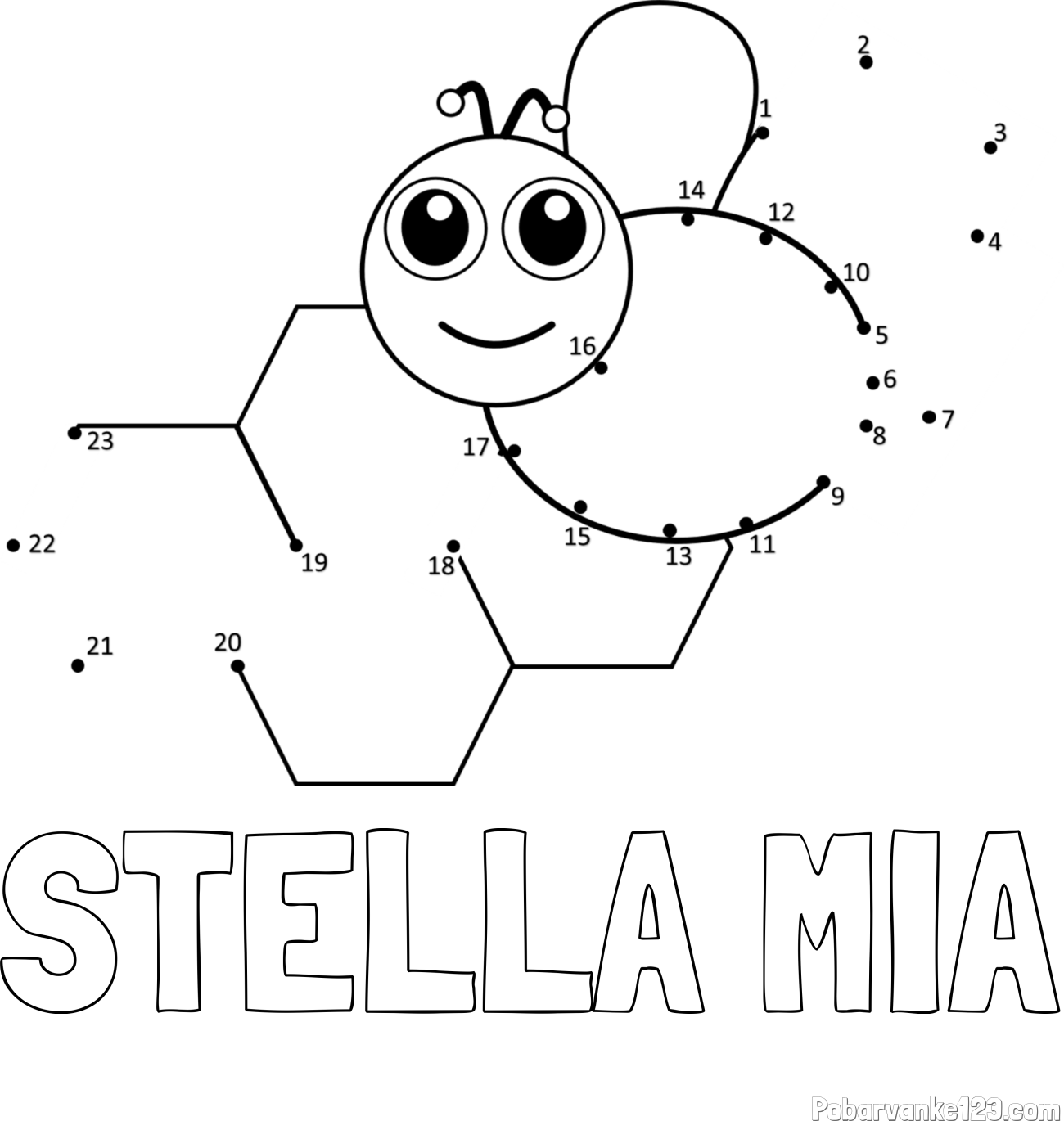 Pobarvanka imena STELLA MIA in pobarvanka čebelice in satja - poveži številke