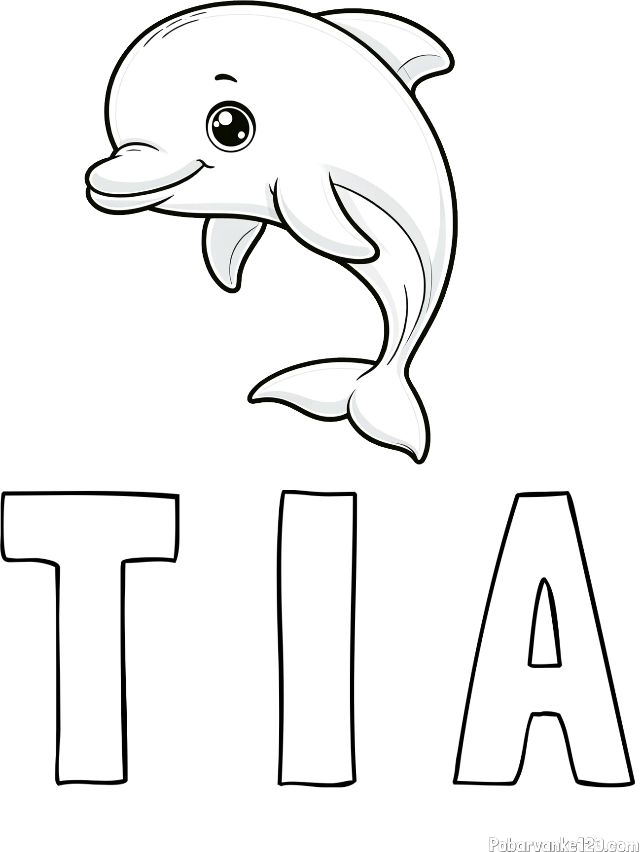 Pobarvanka imena T I A in otroška pobarvanka ljubkega delfina