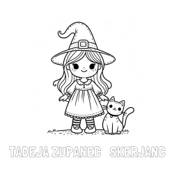 Online izdelana pobarvanka - Pobarvanka imena TADEJA ZUPANEC   ŠKERJANC in Čudovita pobarvanka ljubke čarovnice in nasmejane mačke