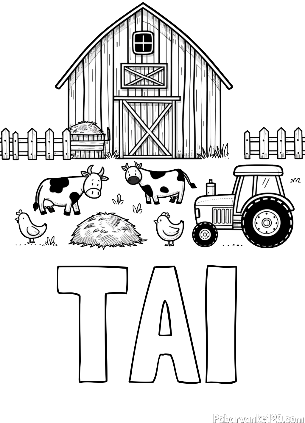 Pobarvanka imena TAI in otroška pobarvanka velikega senika, krav in traktorja