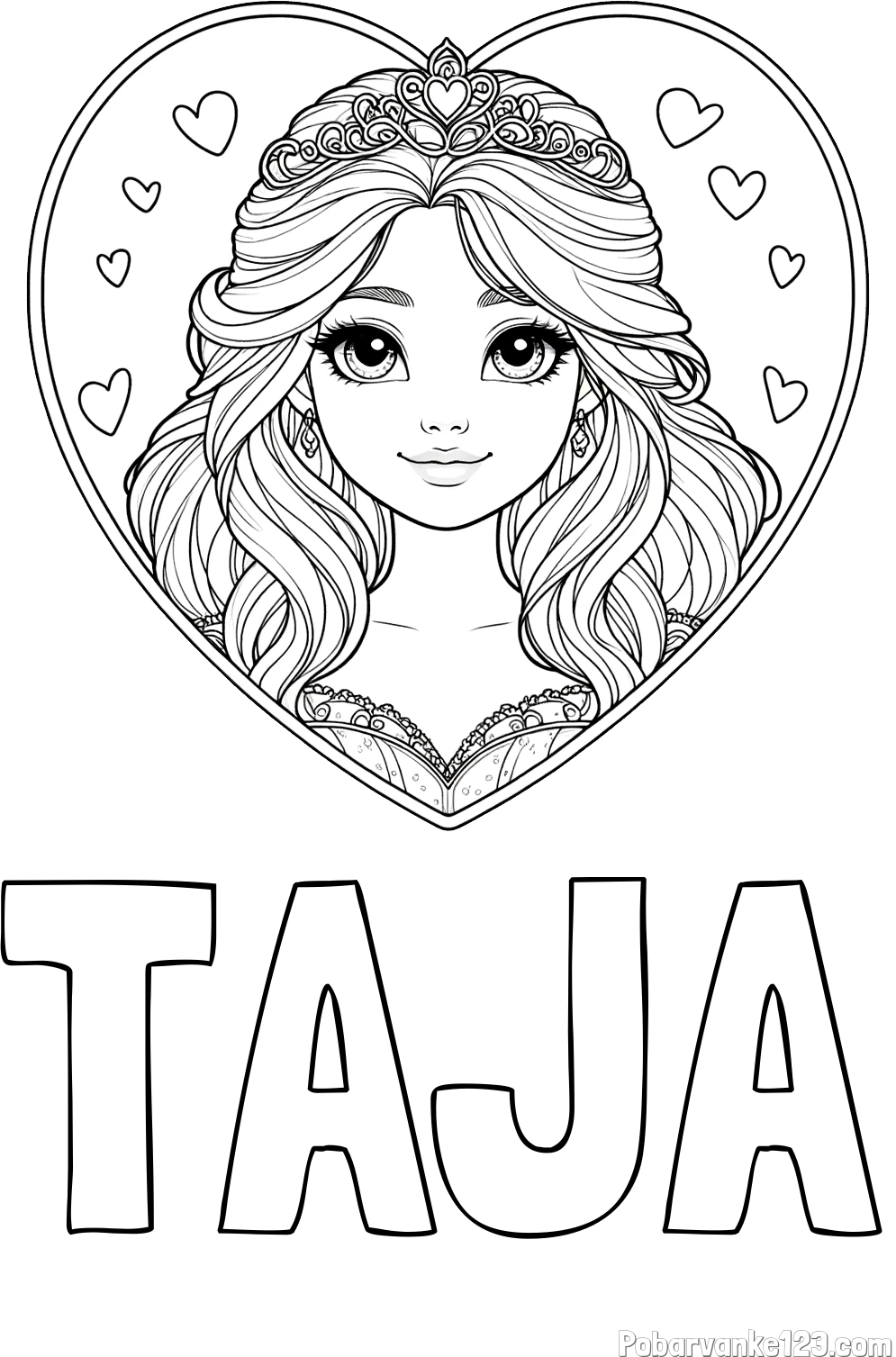 Pobarvanka imena TAJA in pobarvanka princeske ter srčkov