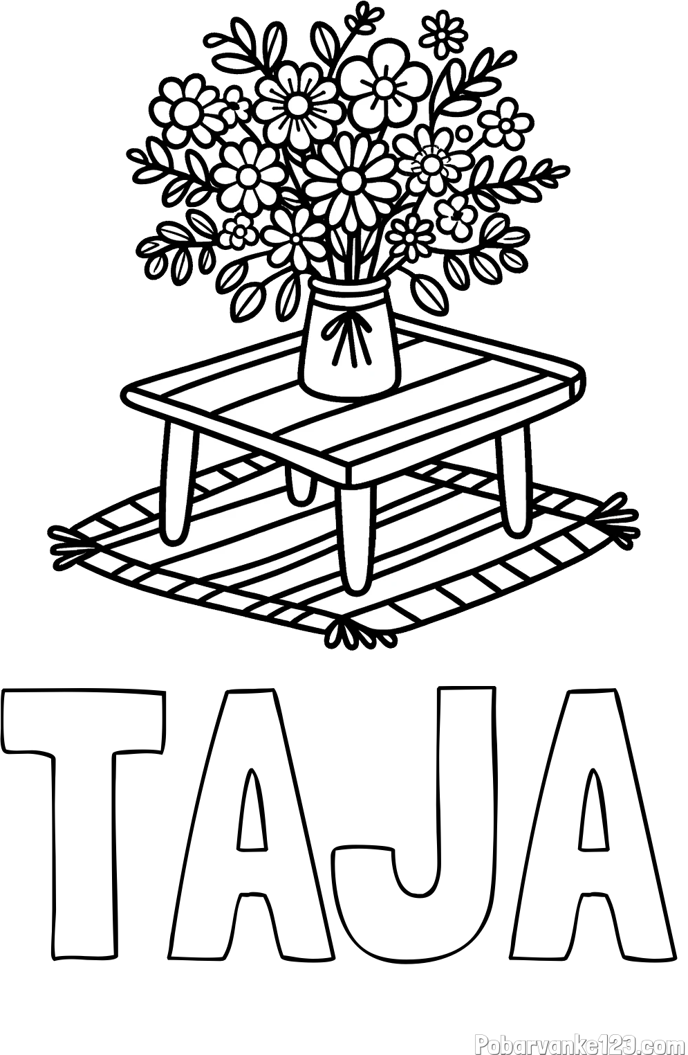 Pobarvanka imena TAJA in pobarvanka šopka rož na mizi