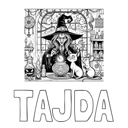 Online izdelana pobarvanka - Pobarvanka imena TAJDA in pobarvanka zlobne čarovnice, muce in miške