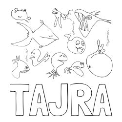 Online izdelana pobarvanka - Pobarvanka imena TAJRA in pobarvanka rib