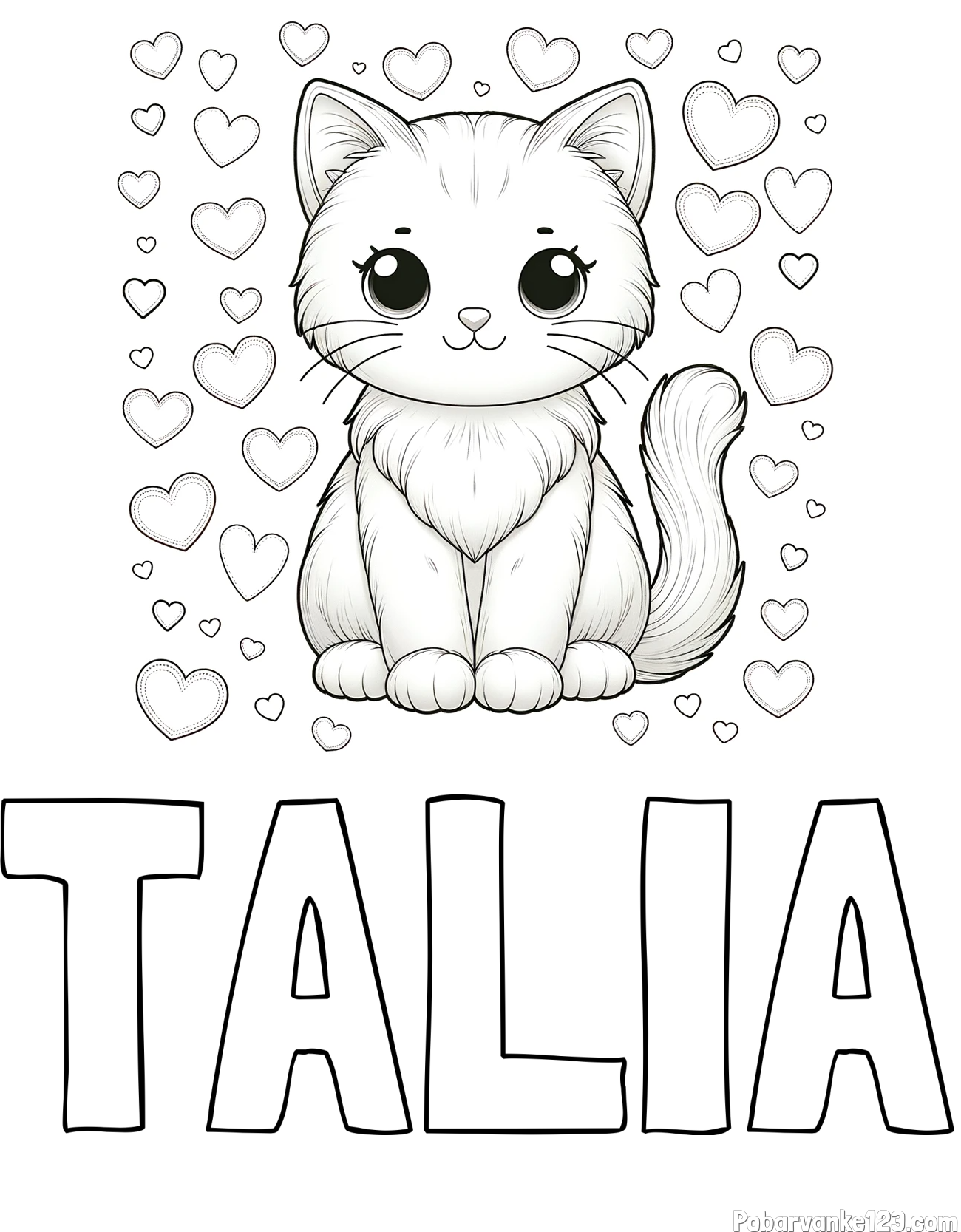 Pobarvanka imena TALIA in pobarvanka ljubke mucke obdane s srčki