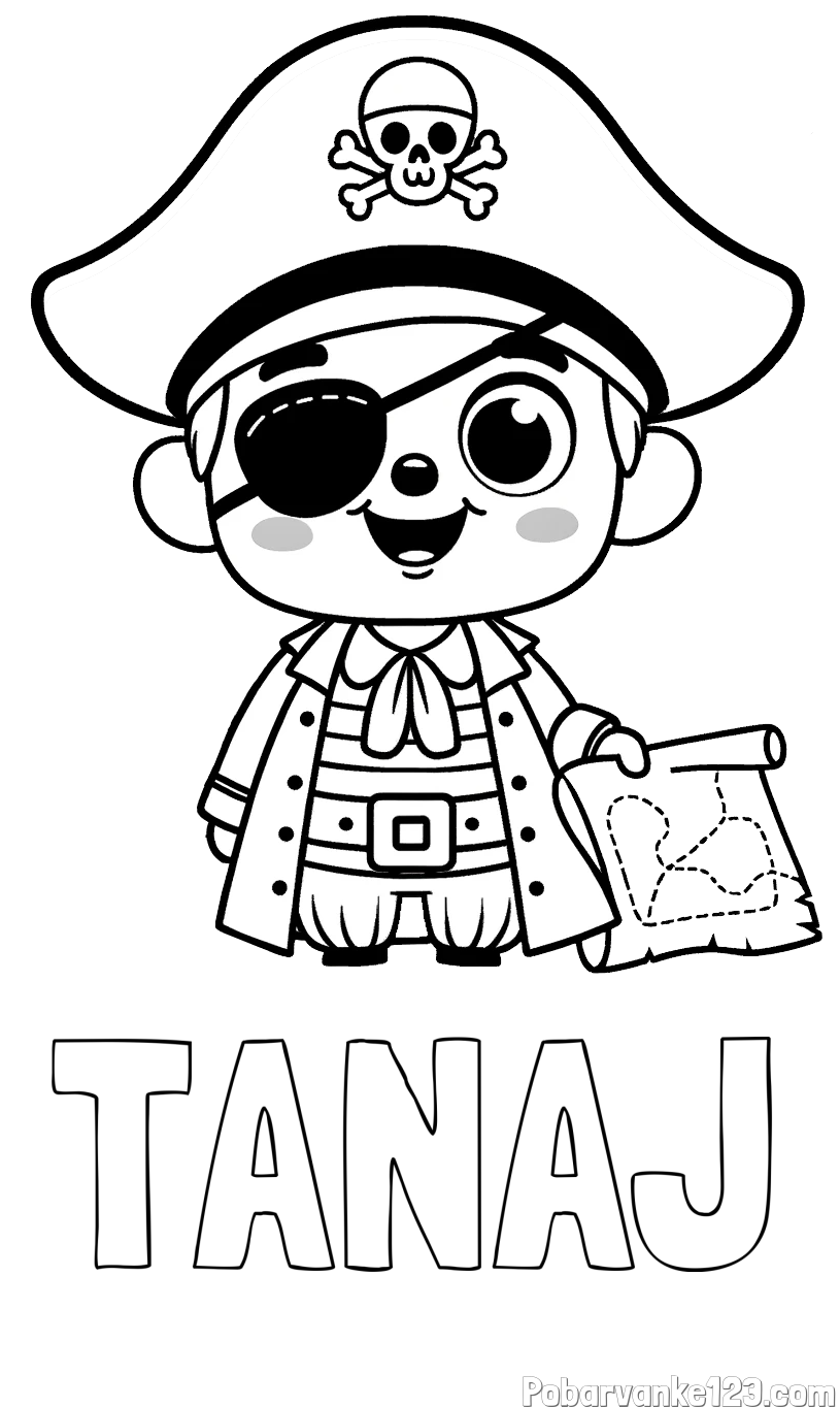 Pobarvanka imena TANAJ in otroška pobarvanka ljubkega gusarja z zemljevidom