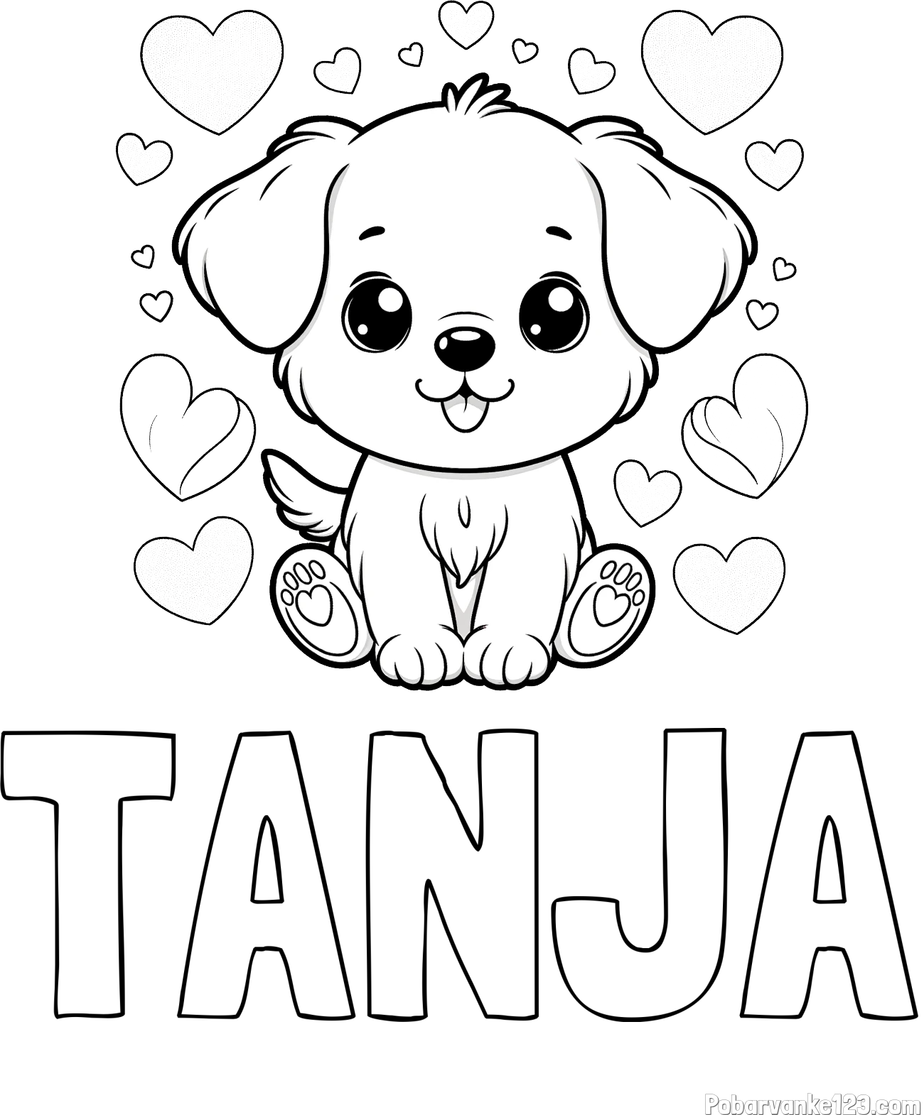 Pobarvanka imena TANJA in pobarvanka ljubkega kužka obdanega s srčki