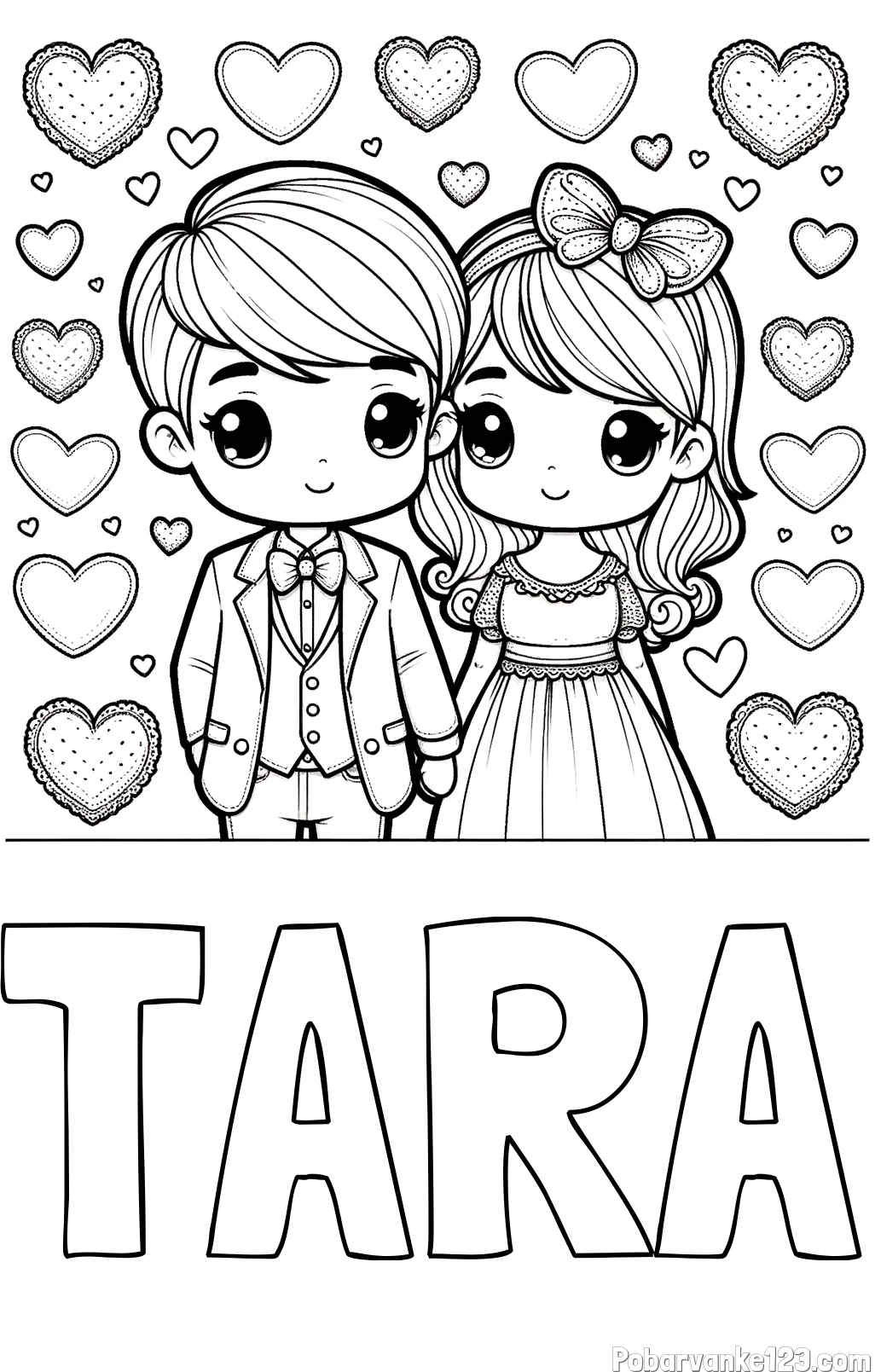 Pobarvanka imena TARA in pobarvanka dveh zaljubljencev s srčki