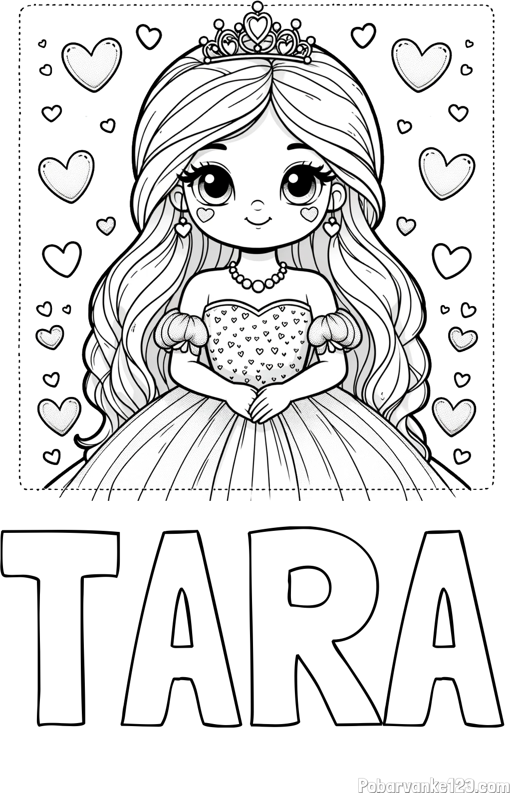 Pobarvanka imena TARA in pobarvanka ljubke princese obdane s srčki