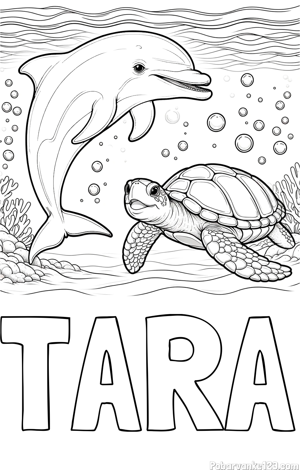 Pobarvanka imena TARA in pobarvanka ljubkega delfina in njegove prijateljice želve