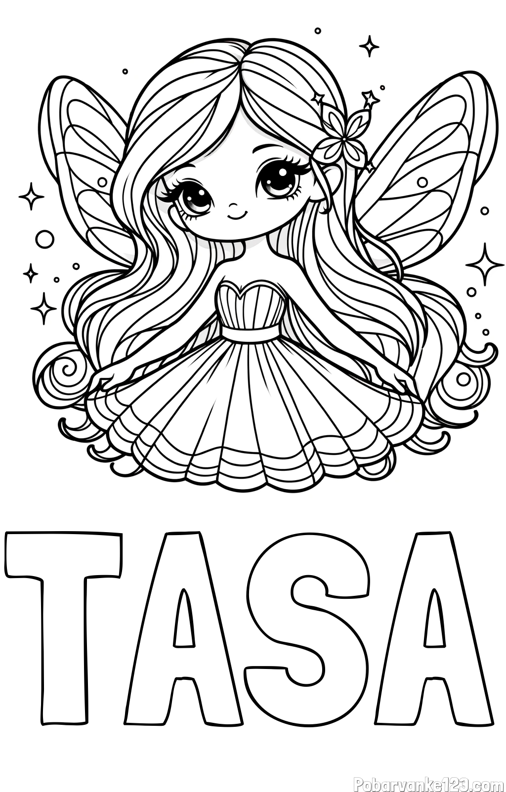 Pobarvanka imena TAŠA in pobarvanka ljubke in nasmejane čarobne vile