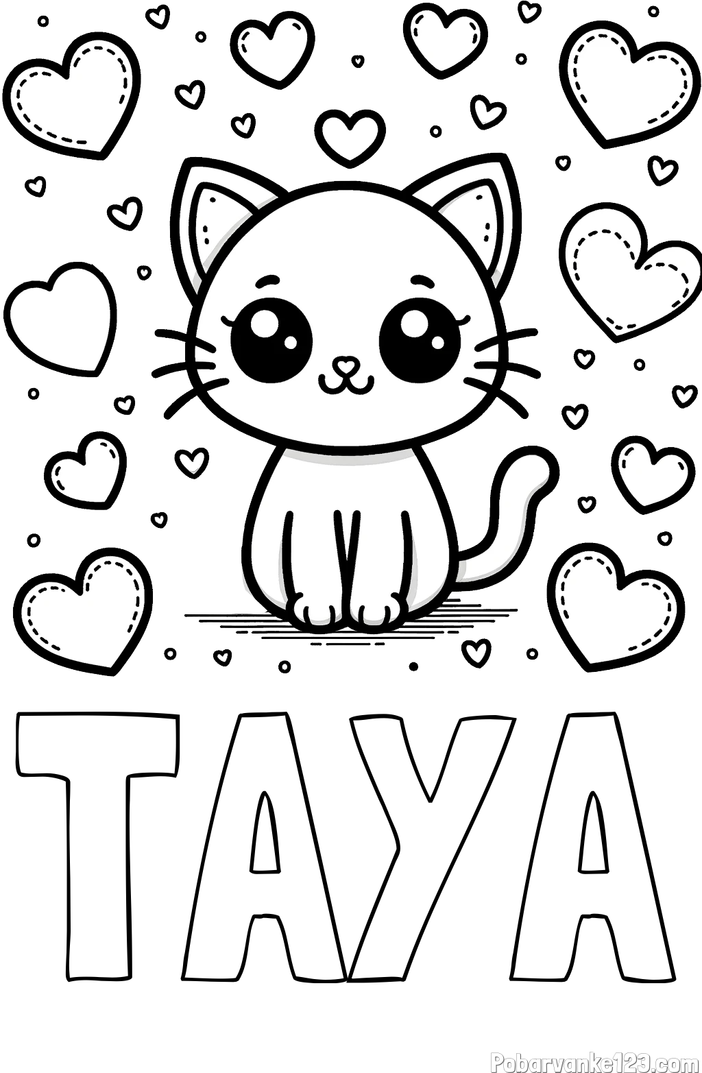 Pobarvanka imena TAYA in pobarvanka ljubke mucke obdane z veliko srčki