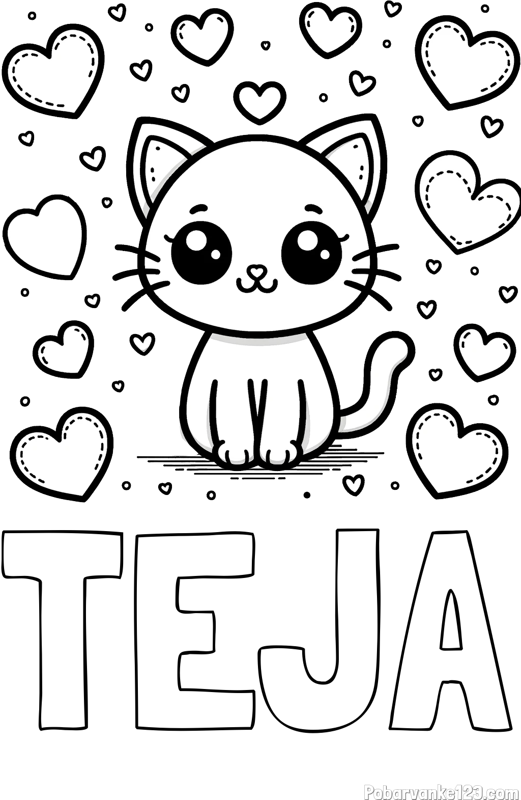 Pobarvanka imena TEJA in pobarvanka ljubke mucke obdane z veliko srčki