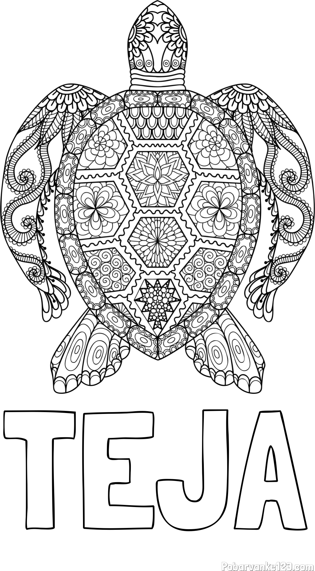 Pobarvanka imena TEJA in pobarvanka želve - mandale