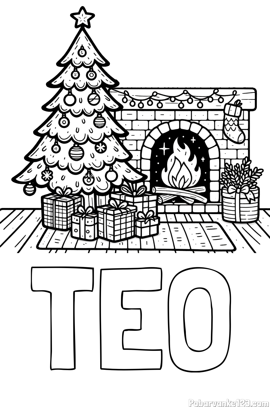 Pobarvanka imena TEO in pobarvanka božične noči z božično smrečico, darili ter kaminom