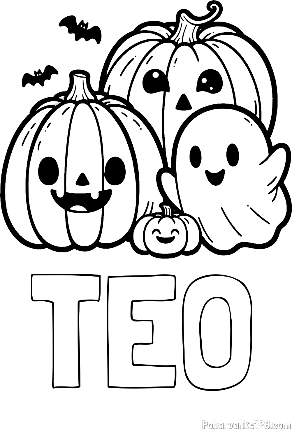 Pobarvanka imena TEO in pobarvanka duhca in buč za noč čarovnic