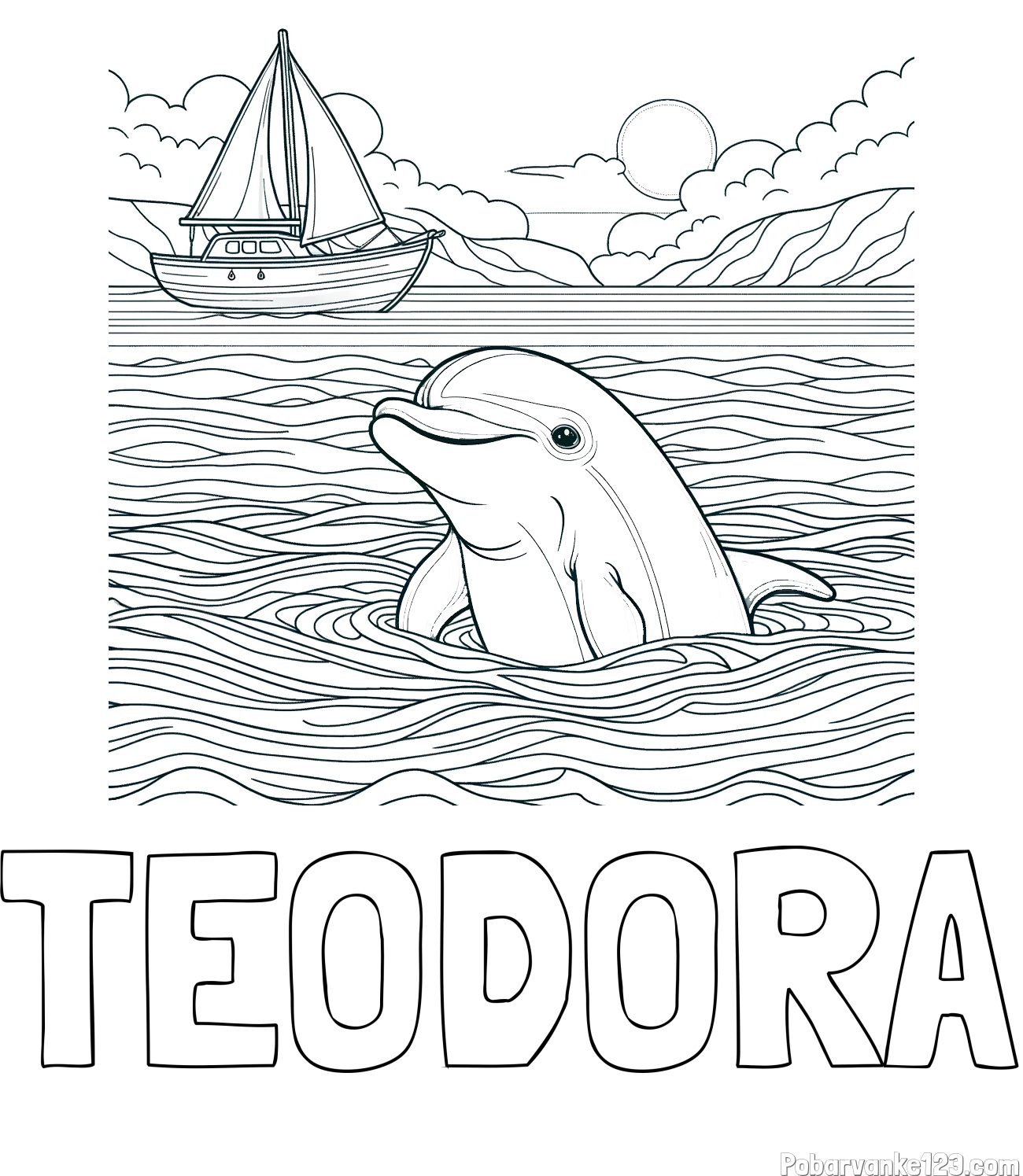 Pobarvanka imena TEODORA in pobarvanka delfina v morju ter jadrnice