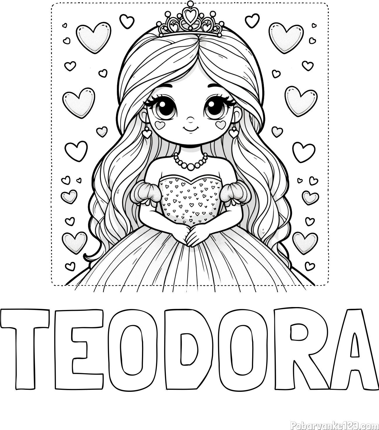 Pobarvanka imena TEODORA in pobarvanka ljubke princese obdane s srčki