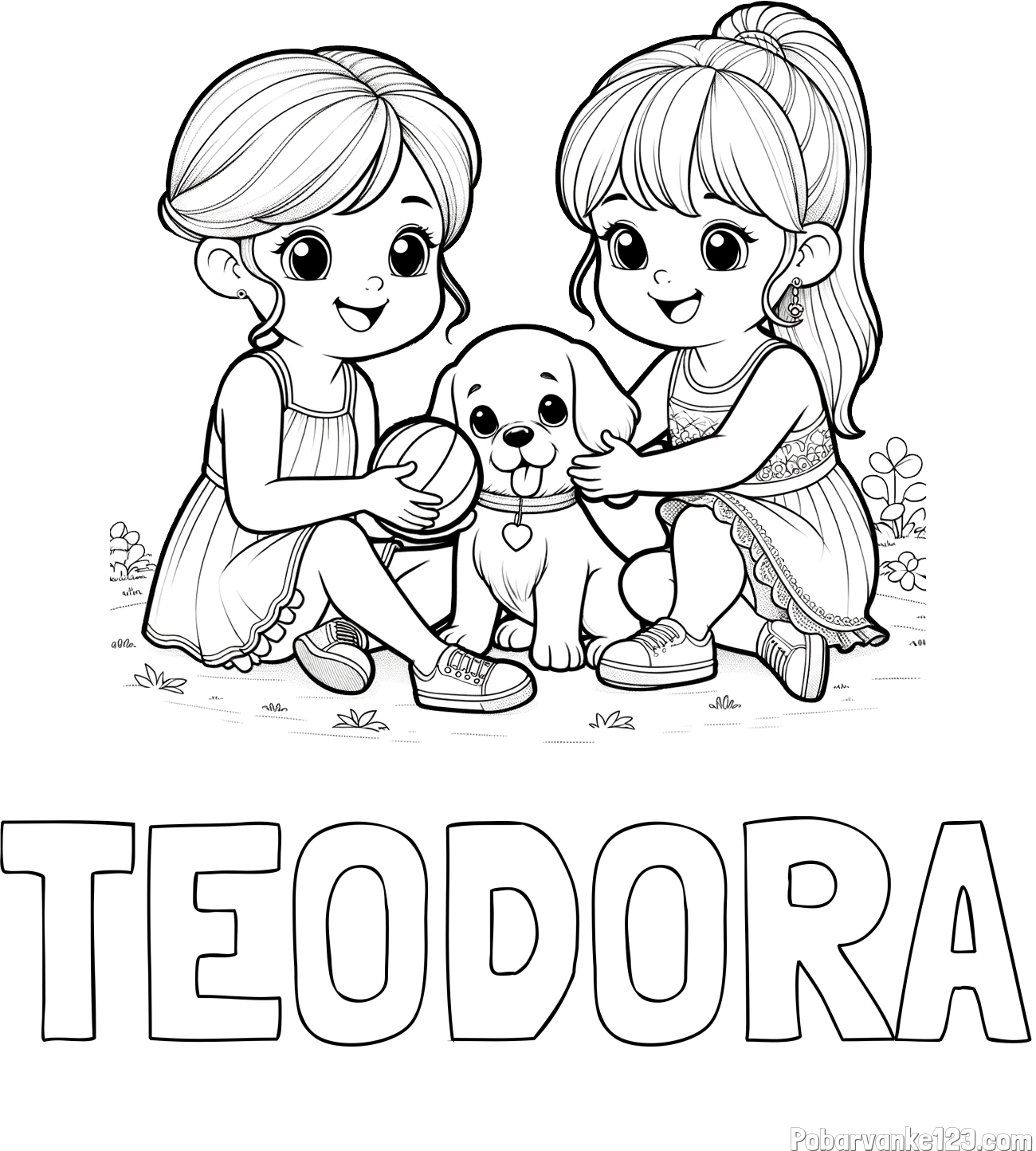 Pobarvanka imena TEODORA in pobarvanka prijateljic s kužkom