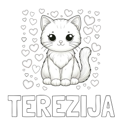 Online izdelana pobarvanka - Pobarvanka imena TEREZIJA in pobarvanka ljubke mucke obdane s srčki