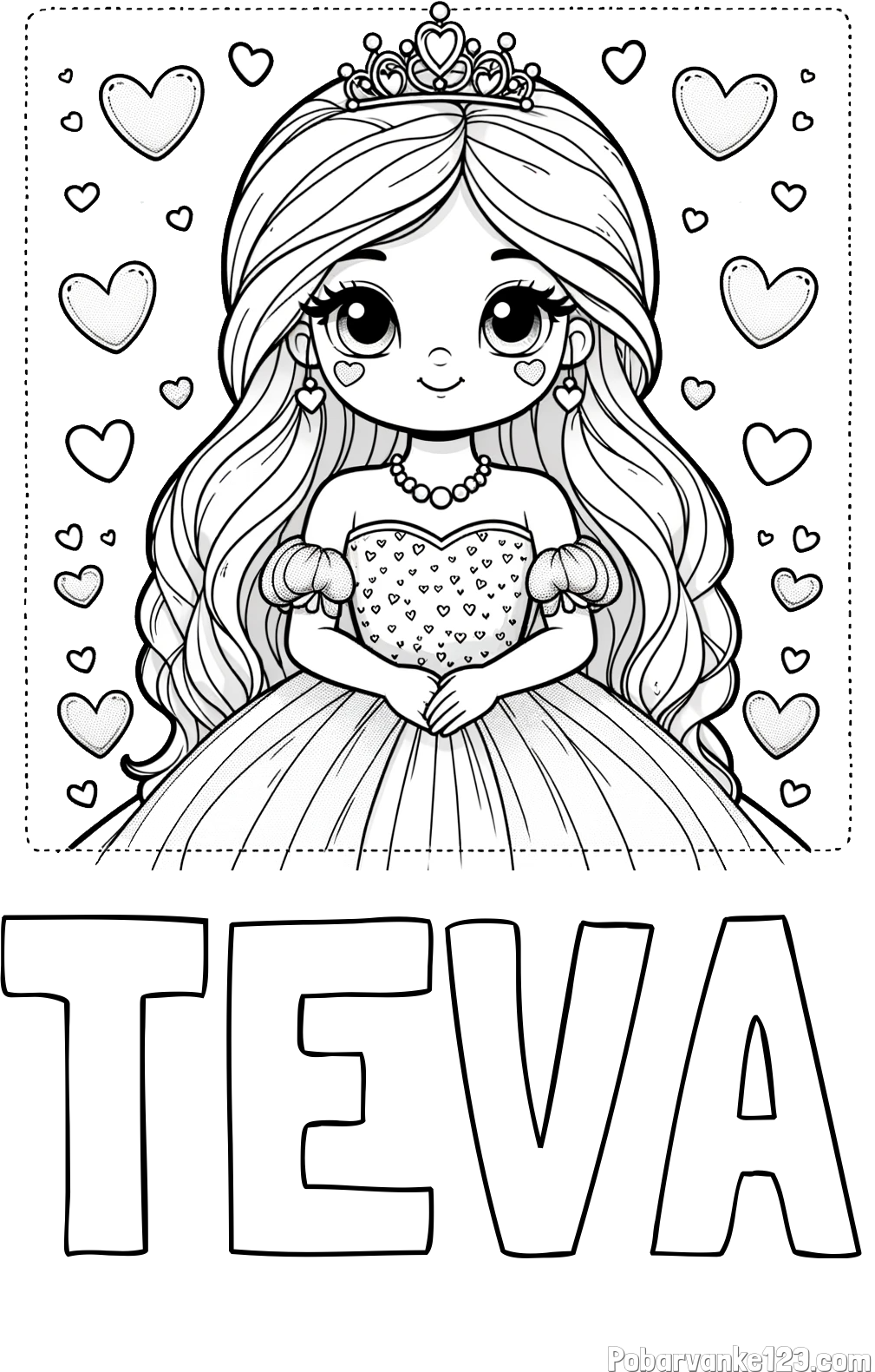 Pobarvanka imena TEVA in pobarvanka ljubke princese obdane s srčki