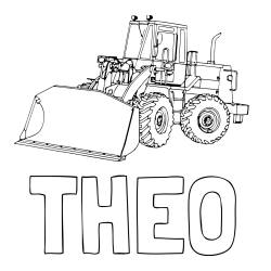 Online izdelana pobarvanka - Pobarvanka imena THEO in pobarvanka velikega bagra