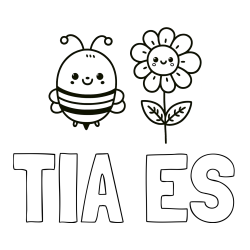 Online izdelana pobarvanka - Pobarvanka imena TIA ES in pobarvanka ljubke čebelice in nasmejane rože