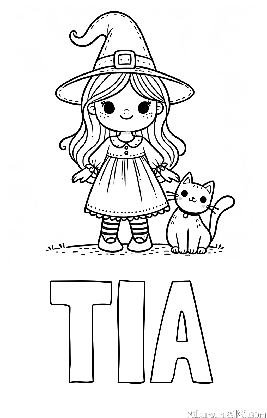Pobarvanka imena TIA in Čudovita pobarvanka ljubke čarovnice in nasmejane mačke