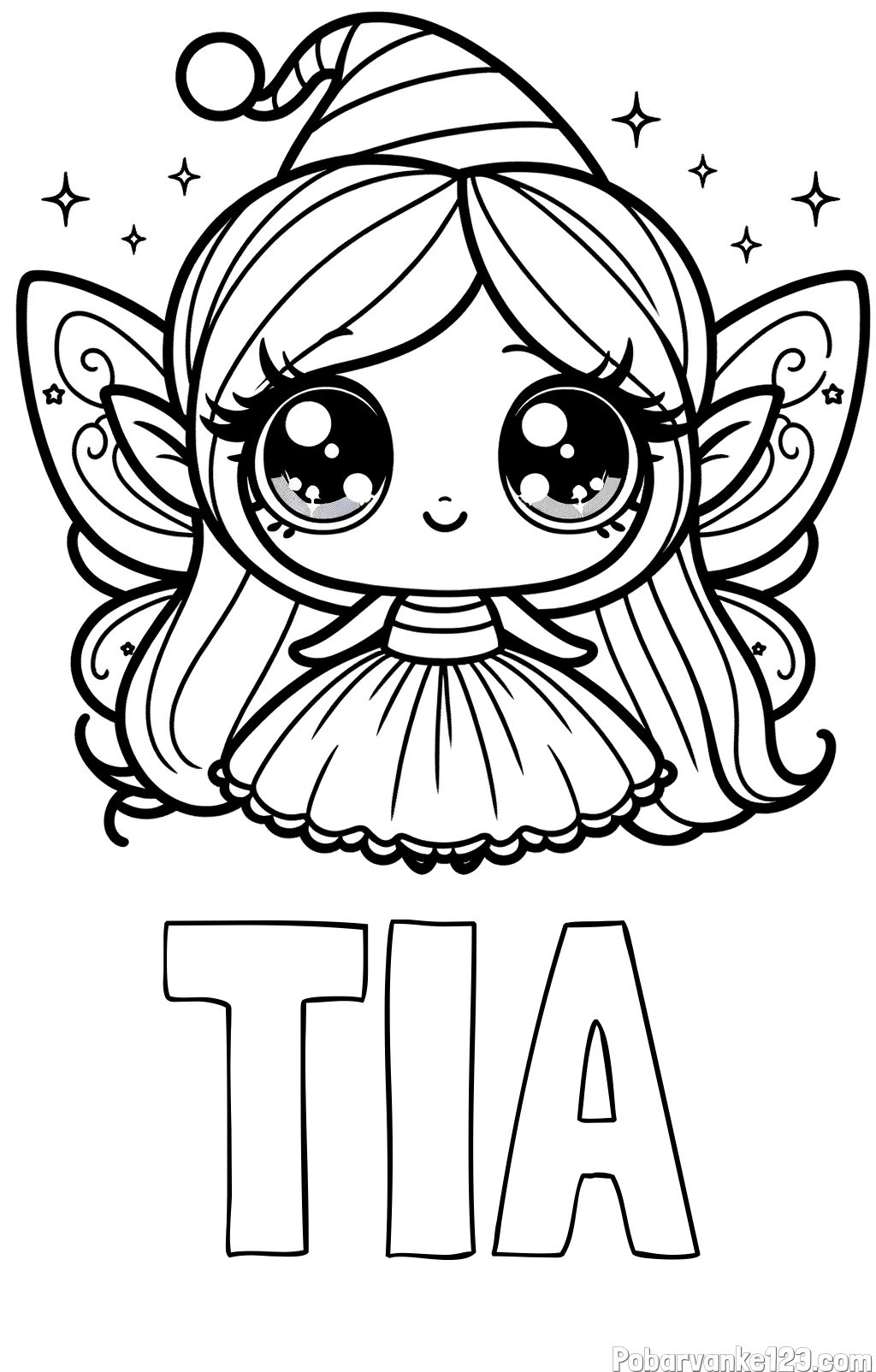 Pobarvanka imena TIA in pobarvanka ljubke čarobne vile z velikimi očmi