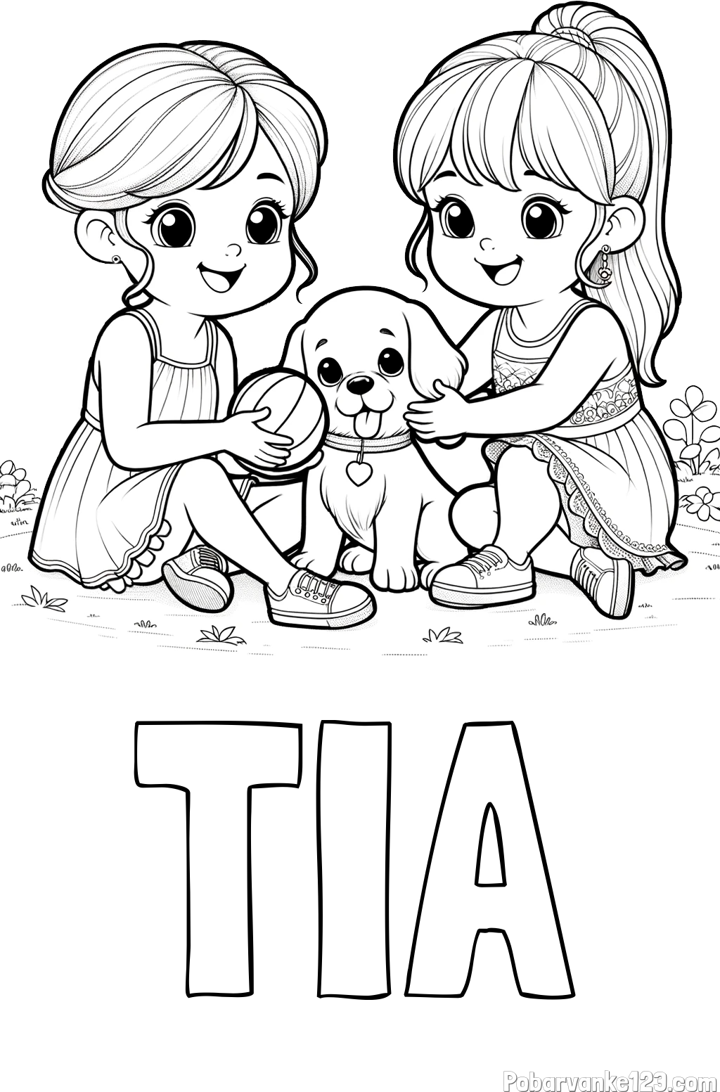 Pobarvanka imena TIA in pobarvanka prijateljic s kužkom