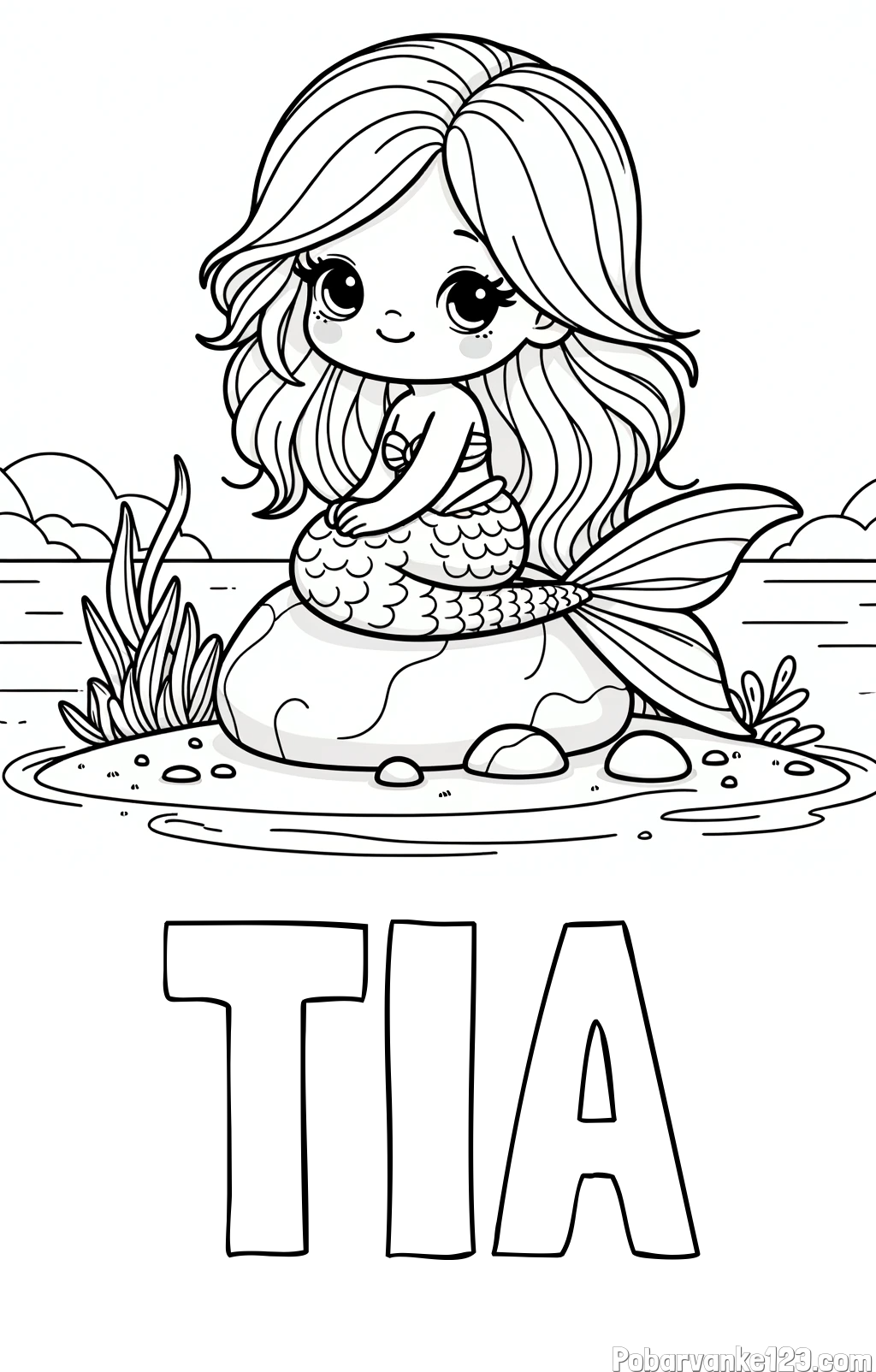 Pobarvanka imena TIA in pobarvanka prikupne morske deklice, ki sedi na kamnu ob obali