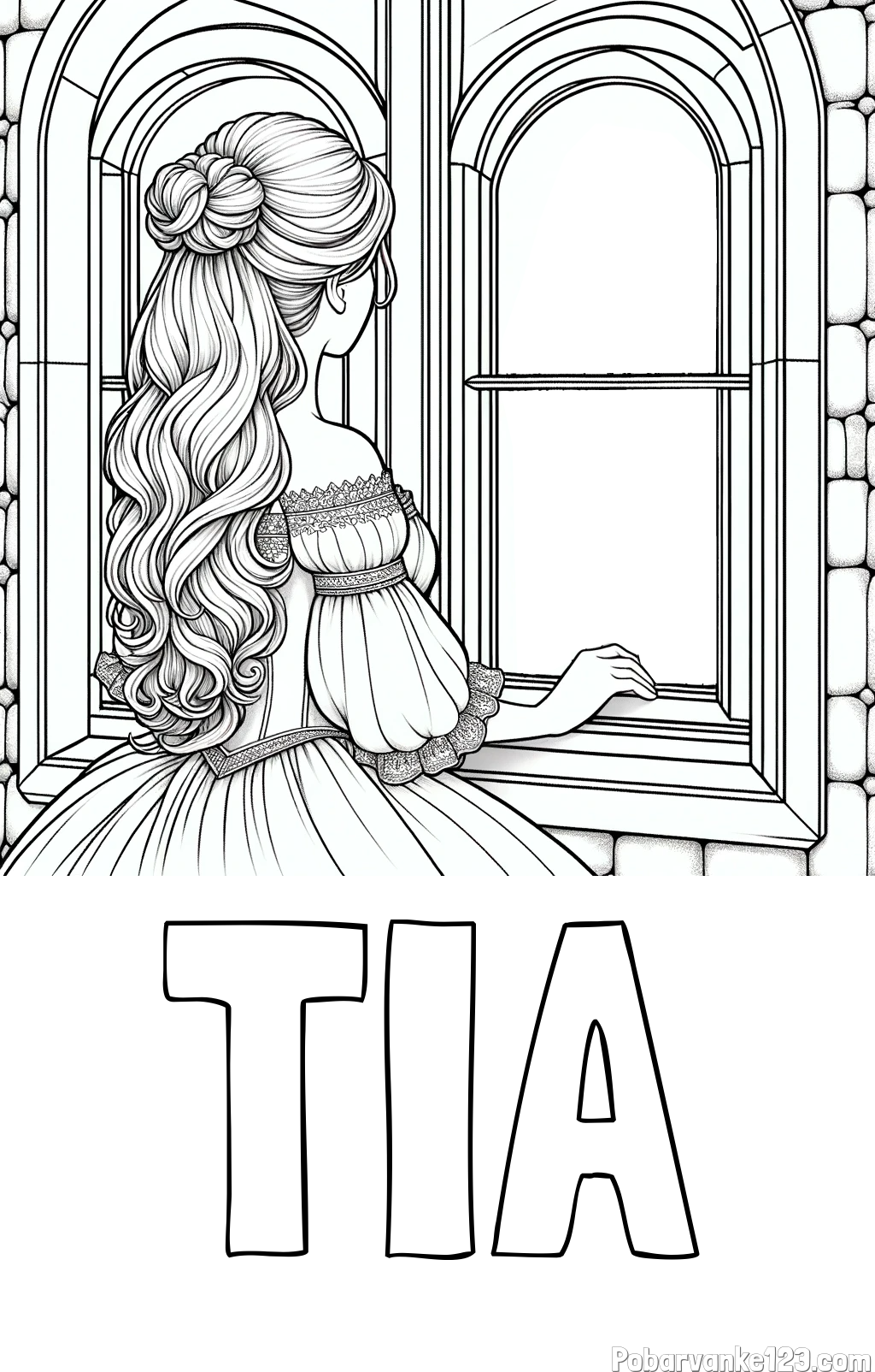 Pobarvanka imena TIA in pobarvanka princese, ki gleda skozi okno